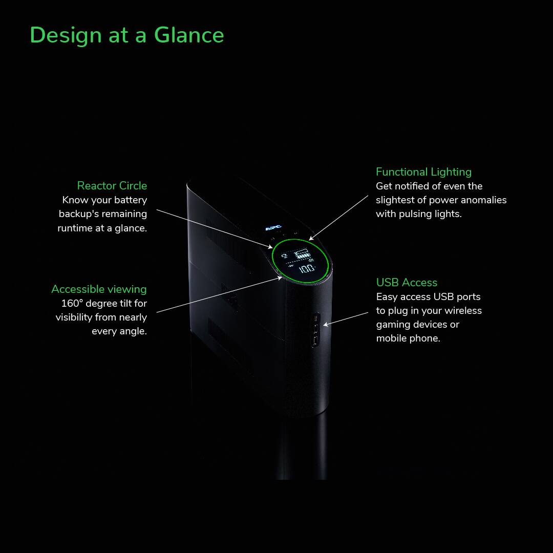 Design at a Glance:

* Reactor Circle: Know your battery backup's remaining runtime at a glance.
* Functional Lighting: Get notified of even the slightest of power anomalies with pulsing lights.
* Accessible viewing: 160 degree tilt for visibility from nearly every angle.
* USB Access: Easy access USB ports to plug in your wireless gaming devices or mobile phone.