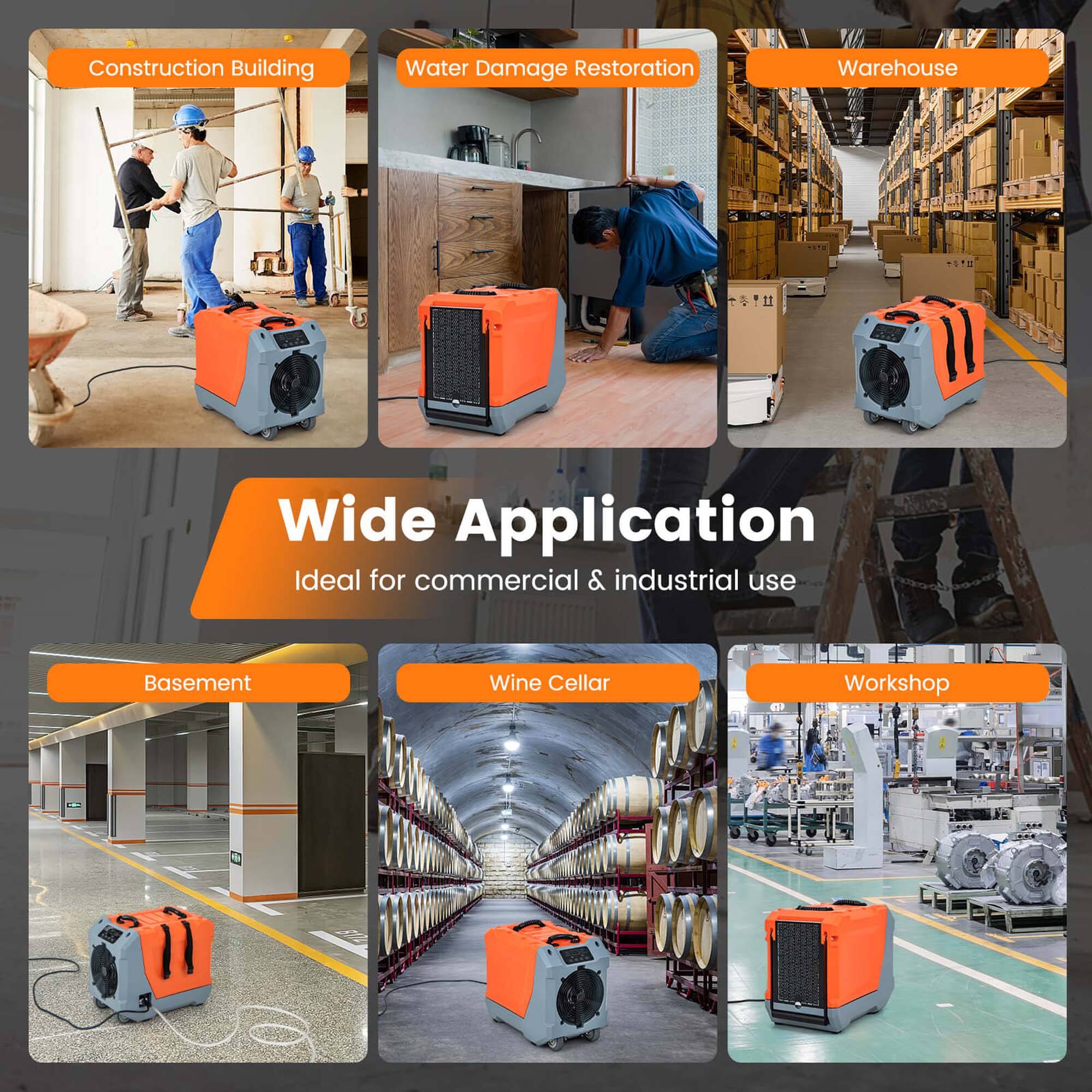 The text on the image is grouped as follows:

1. Construction Building
2. Water Damage Restoration
3. Warehouse
4. Wide Application
5. Ideal for commercial & industrial use
6. Basement
7. Wine Cellar
8. Workshop