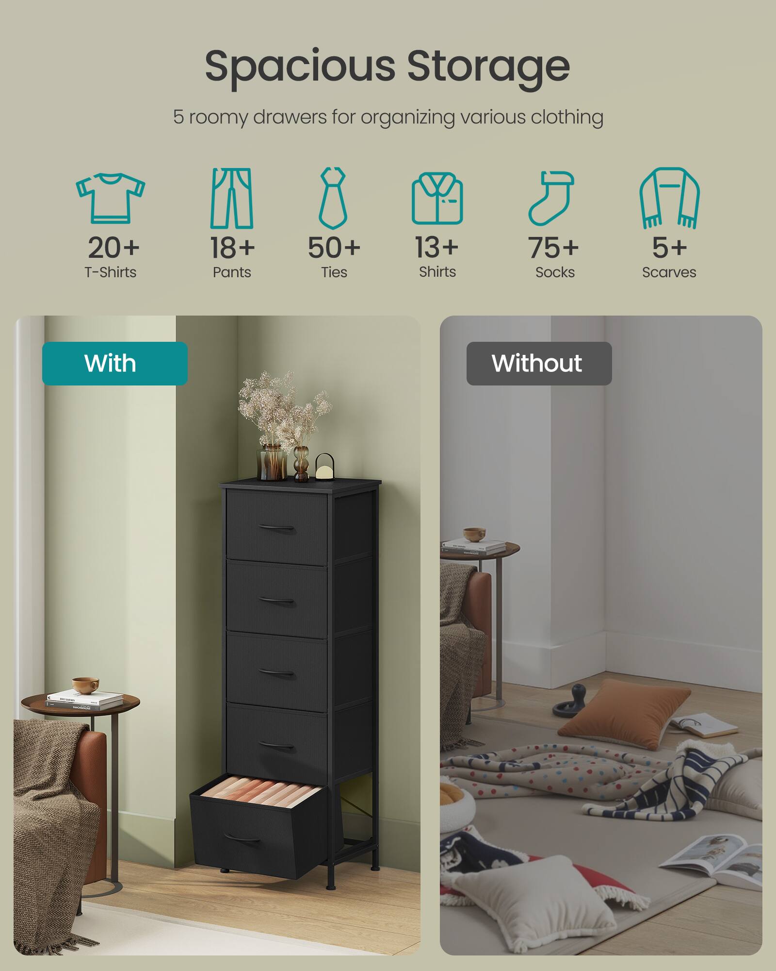 Spacious Storage

5 roomy drawers for organizing various clothing

20+ T-Shirts  
18+ Pants  
50+ Ties  
13+ Shirts  
75+ Socks  
5+ Scarves

With  
Without