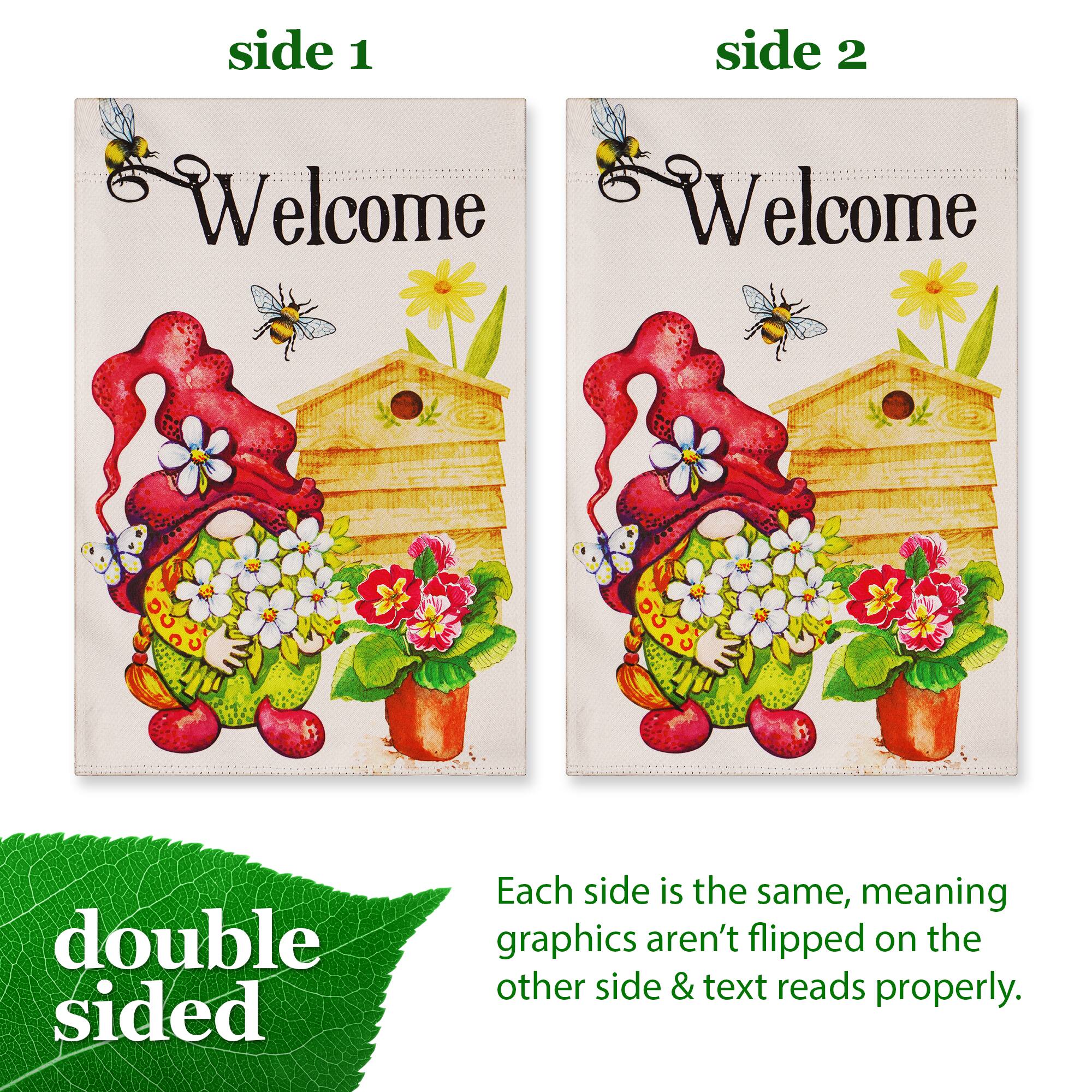 side 1  
side 2  

Welcome  
Welcome  

double sided  

Each side is the same, meaning graphics aren't flipped on the other side & text reads properly.