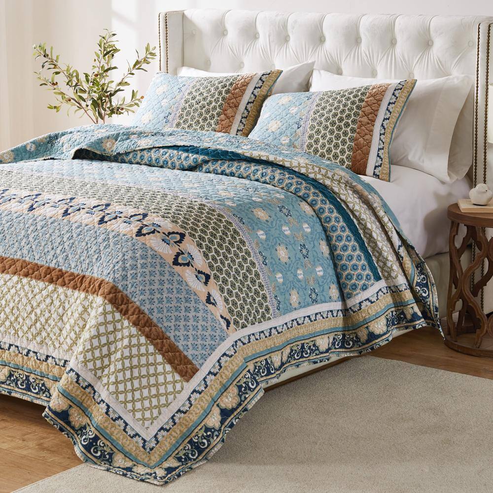 Alt View 3. Greenland Home Fashions - Greenland Home Fashions Thalia Stylized Florals and Geometric Prints Bohemian 3 Piece Quilt Set King/Cal King Blue - Blue.