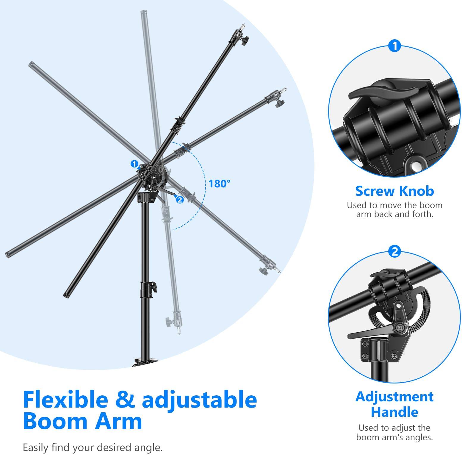 1. Screw Knob  
   Used to move the boom arm back and forth.

2. Flexible & adjustable Boom Arm  
   Easily find your desired angle.

3. Adjustment Handle  
   Used to adjust the boom arm's angles.