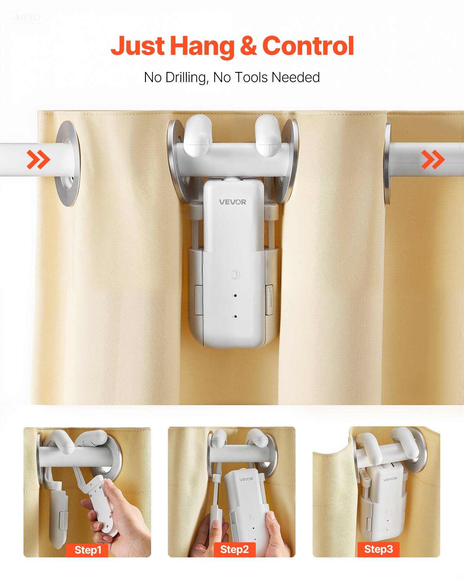 Just Hang & Control  
No Drilling, No Tools Needed  

VEVOR  

Step1  
Step2  
Step3