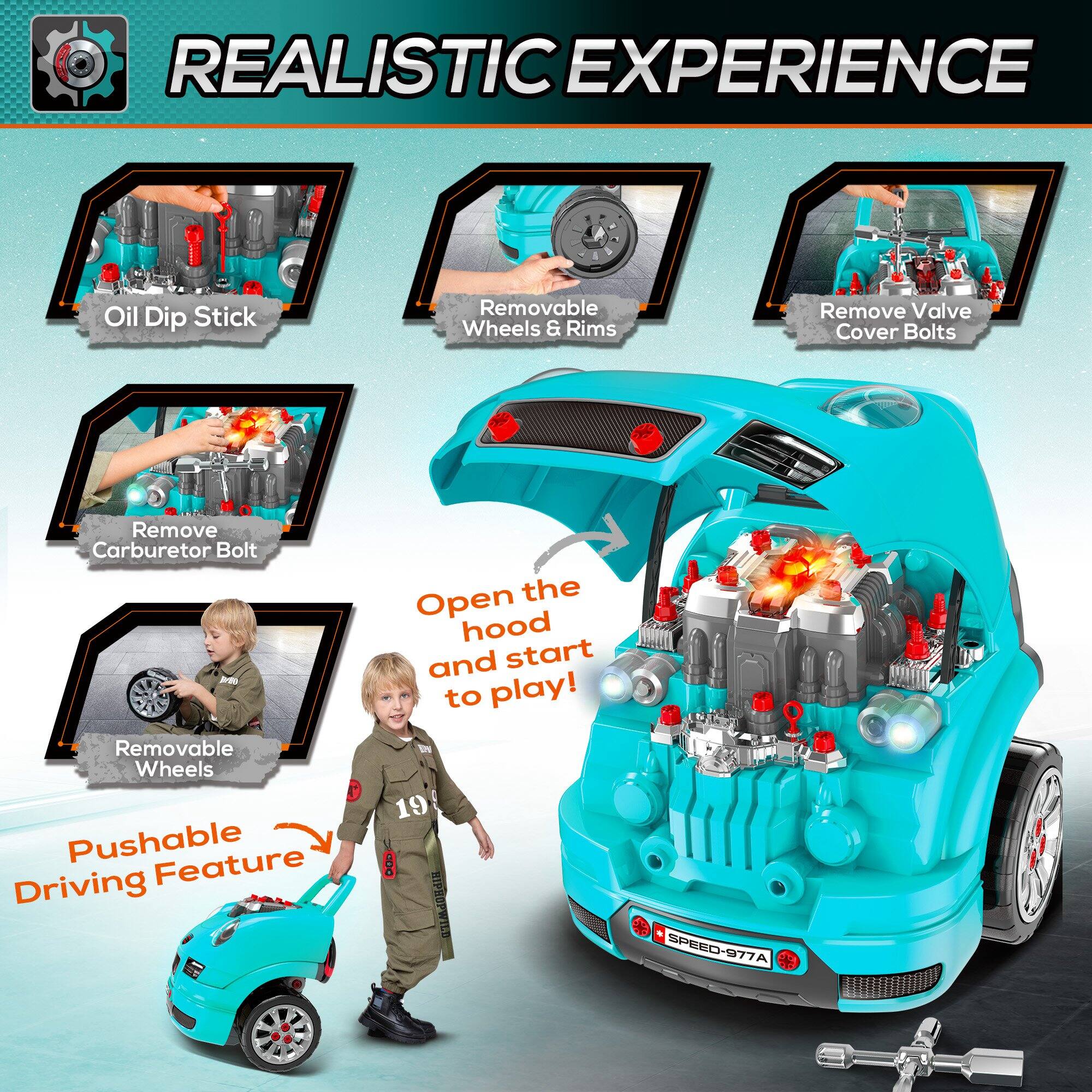 Qaba Truck Engine Toy, Kids Mechanic Set w/Lights, Sounds