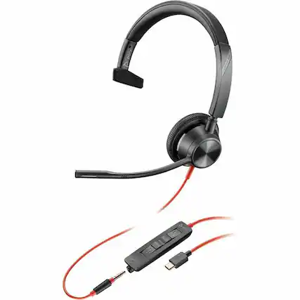 Front. HP - Poly Blackwire 3315 Monaural USB-C Headset +3.5mm Plug +USB-C/A Adapter - Mono - USB Type C, Mini-phone (3.5mm) - Wired - Black.
