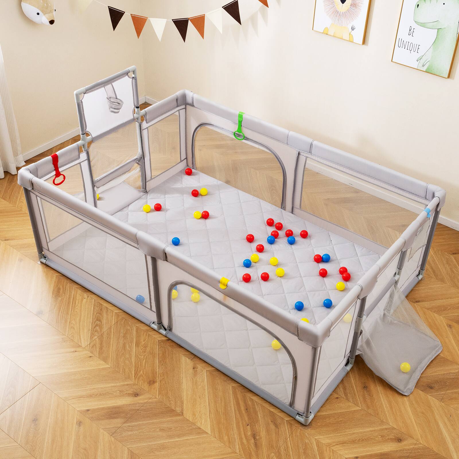 Alt View 3. Gymax - Gymax 81'' x 57'' Extra Large Playpen for Babies & Toddlers w/Basketball Hoop  Gray - Gray.