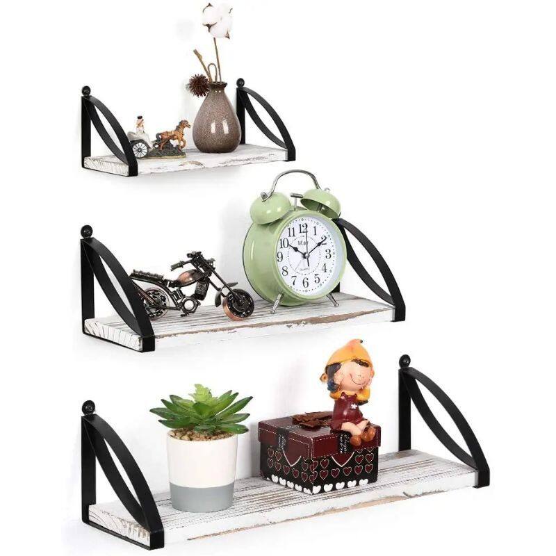 Front. Oumilen - Set of 3 Floating Wall Shelves – Whitewashed Wood with Black Metal Brackets for Bathroom Kitchen - Whitewashed.