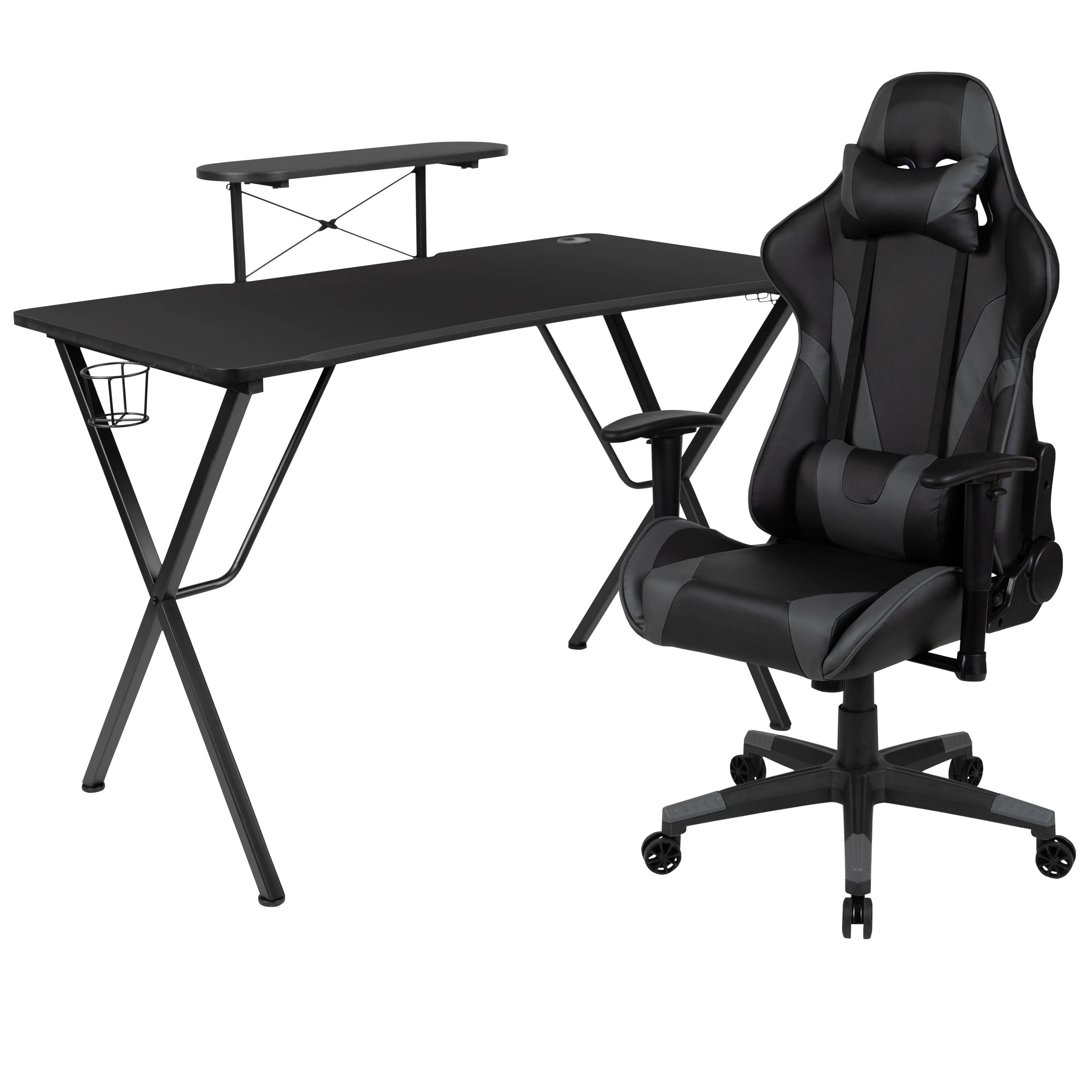 Emma + Oliver - Gaming Desk & Chair Set - Cup Holder, Headphone Hook, and Monitor Stand - Gray