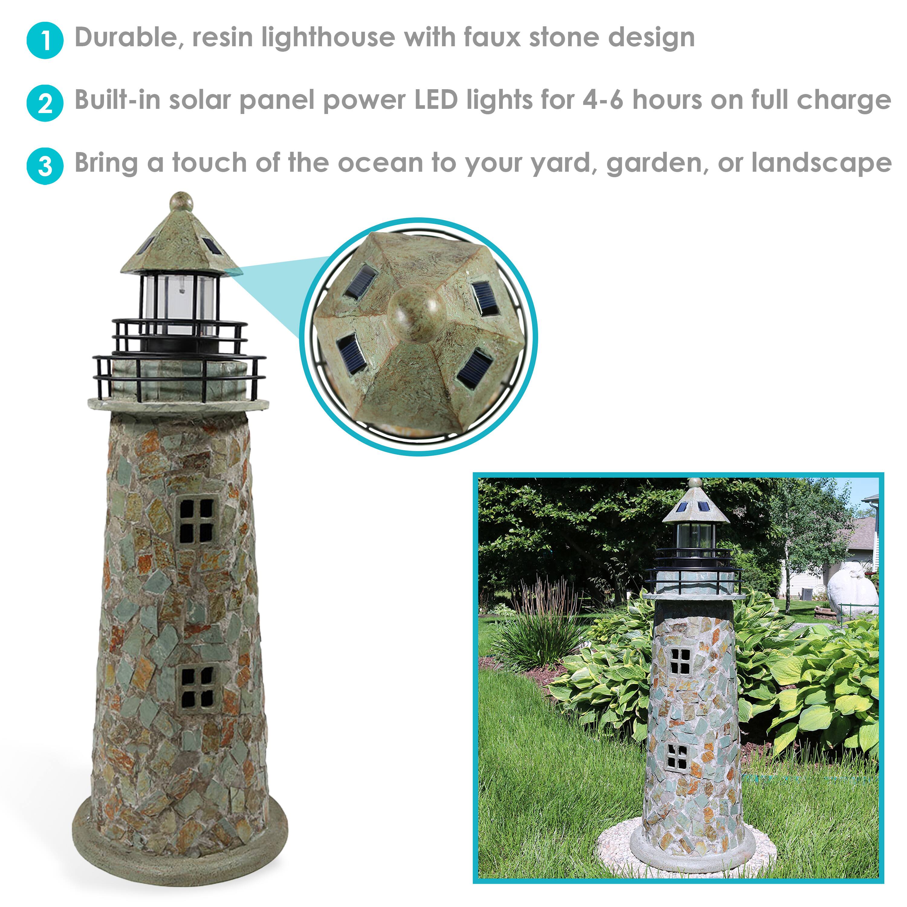 1. Durable, resin lighthouse with faux stone design  
2. Built-in solar panel powers LED lights for 4-6 hours on full charge  
3. Bring a touch of the ocean to your yard, garden, or landscape
