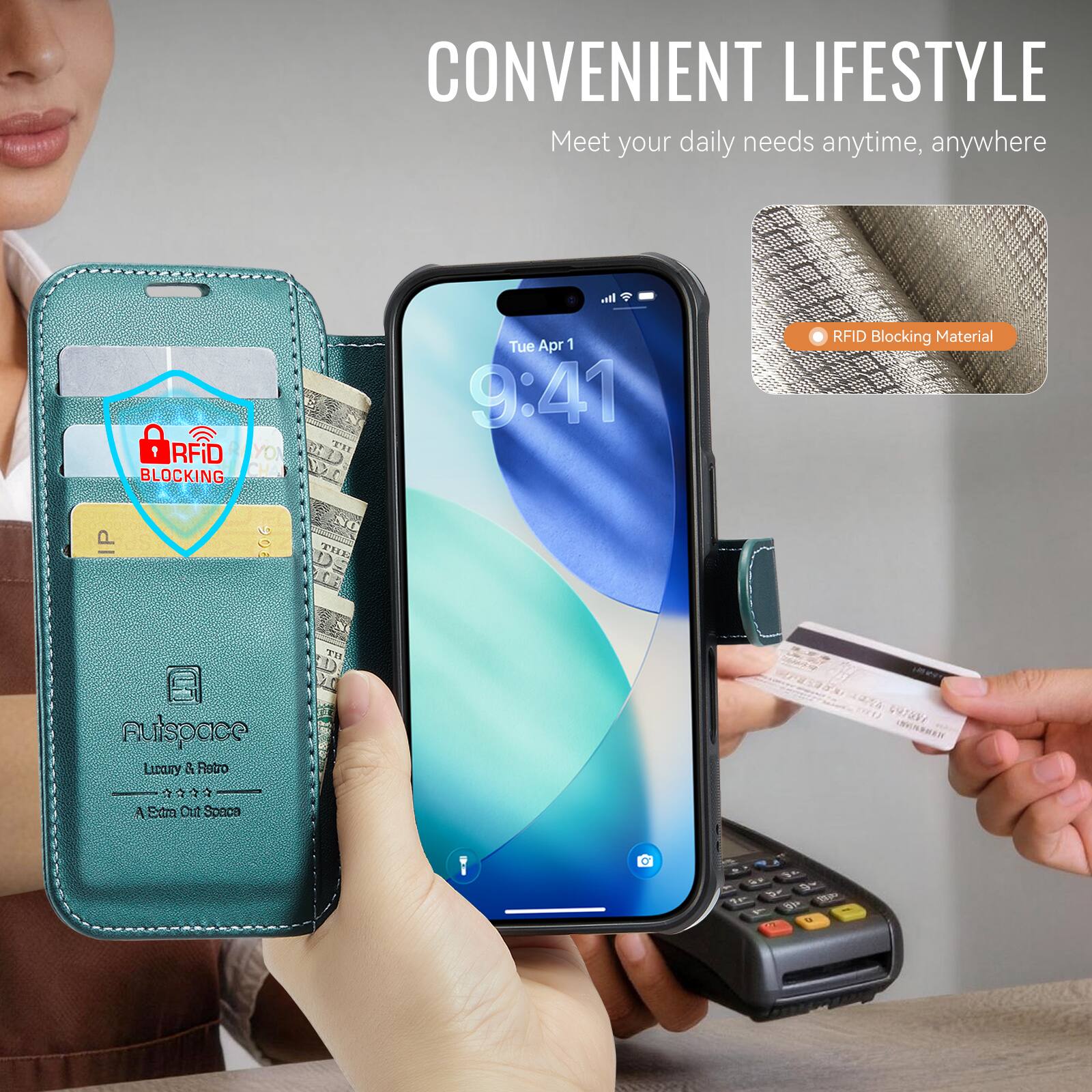 CONVENIENT LIFESTYLE  
Meet your daily needs anytime, anywhere  

RFID BLOCKING  
RFID Blocking Material  

Autspace  
Luxury & Retro  
A Extra Cut Space