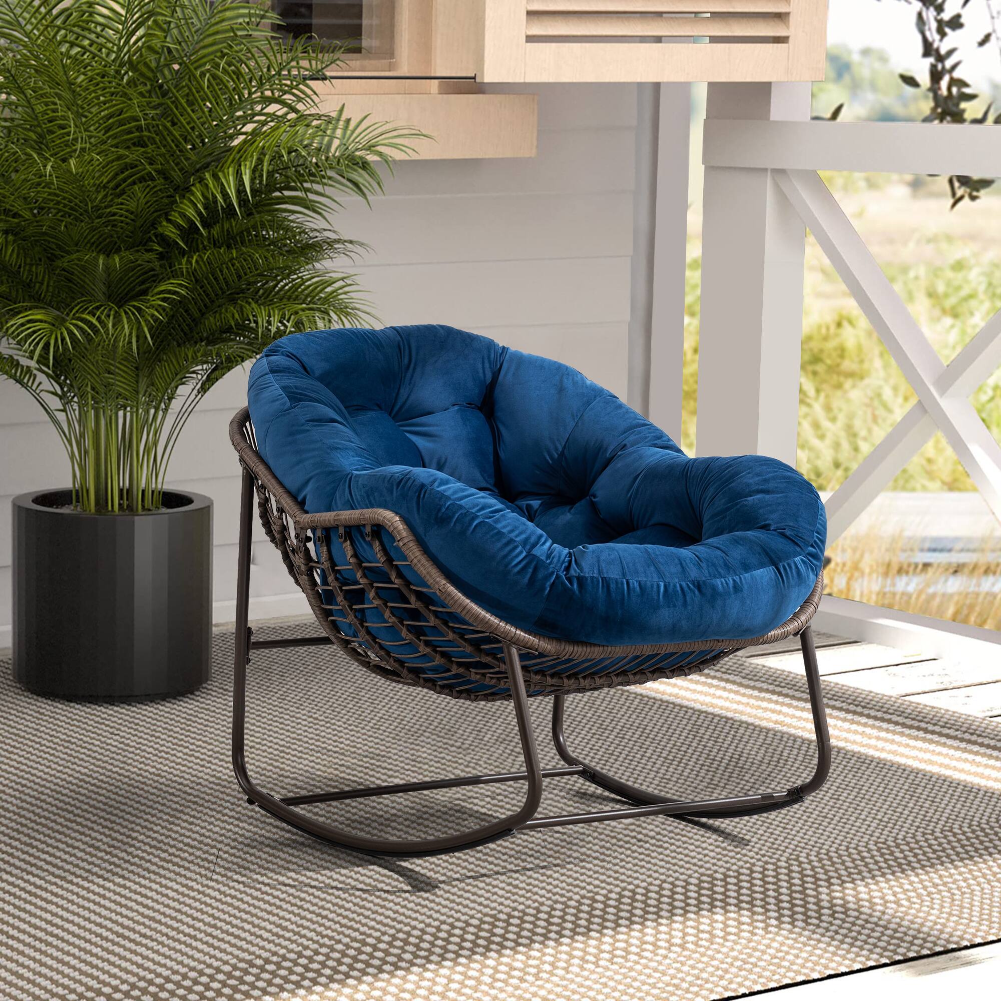 Angle. GOODSILO - Outdoor Rattan Rocking Chair Padded Cushion Rocker Recliner for Porch, Living Room, Patio, Garden - Navy Blue.