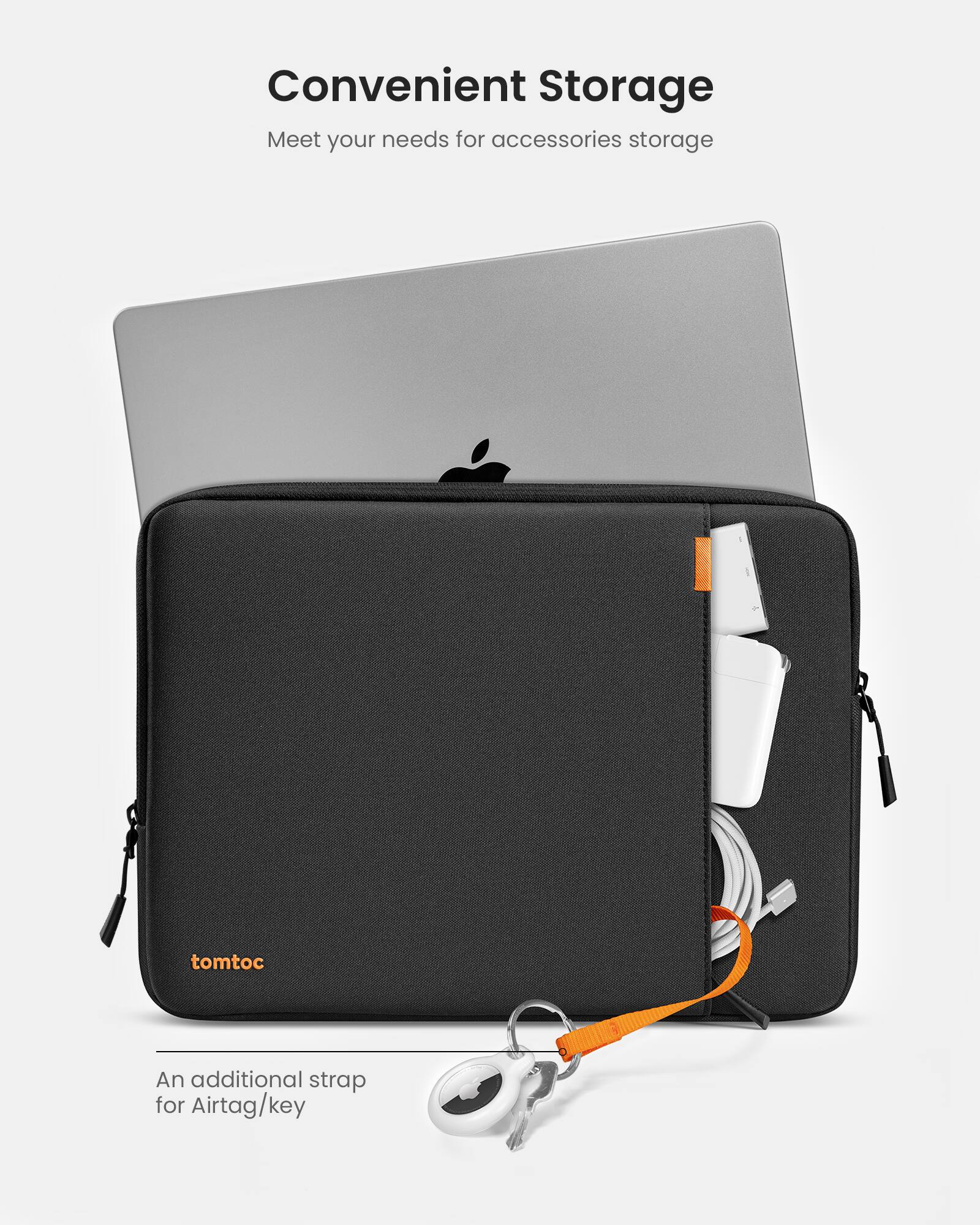 Convenient Storage: Meet your needs for accessories storage with tomtoc. An additional strap for Airtag/key.