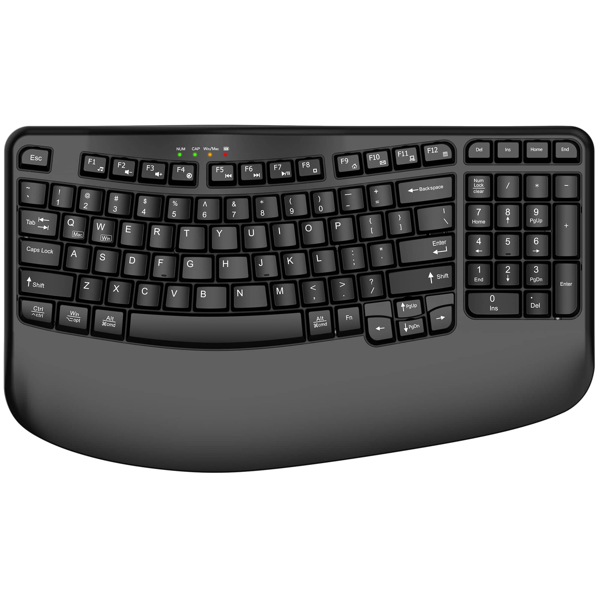 HESVAP - Ergonomic Wireless Keyboard with Wrist Rest, Wave Keys, Full-Size Numeric Keypad, 2.4GHz USB - Black