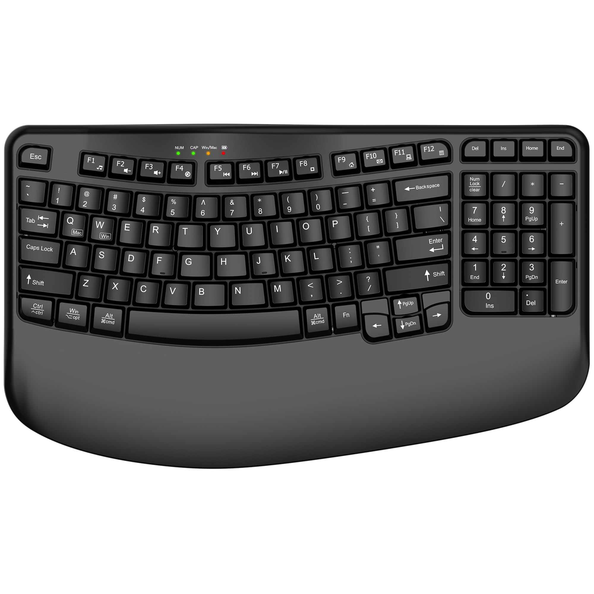 Esc F1 F2 ! 1 @ # 1 2 3 Tab Q W E Mac Wn Caps Lock A S D Shift Z X Ctrl Actri Win ==== Alt. Komd
$ 4 C
R F
MUM CAP Wx/Mac F4 F5 F6    % *  & 5 6 7 8 T Y U G H J V  N
F7 WIII ( 9 I K M
F9 F8   I )  0 O P L >  - Alt Fn Xord
F10 + = { [ ? /
F11 F12 8 Backspace I } / 1 Enter Shift PgUp PgDo
Del Num Lock clear 7 Home 4 1 End 0 ins
arl / 8 1 5 2 4
Home * 9 PgUp 6 3 PgDn Del
End - + Enter