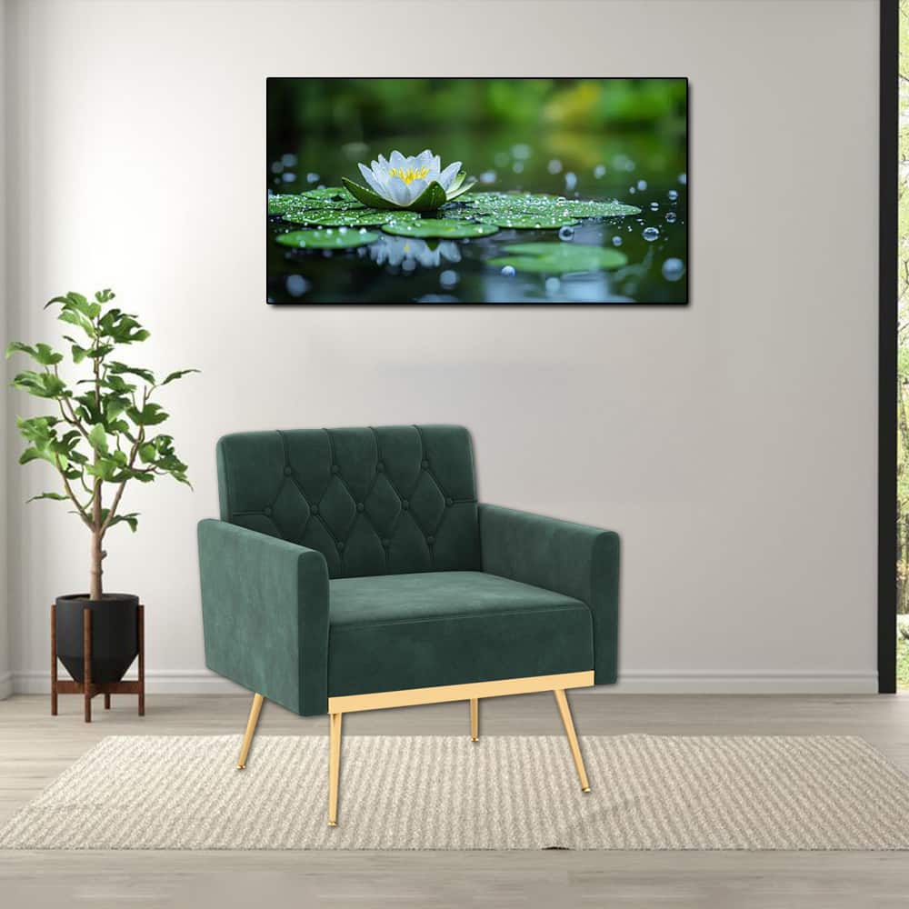 Hivvago - Velvet Armchair with Tufted Backrest, Gold-Finished Legs, and Adjustable Foot Supports - Green