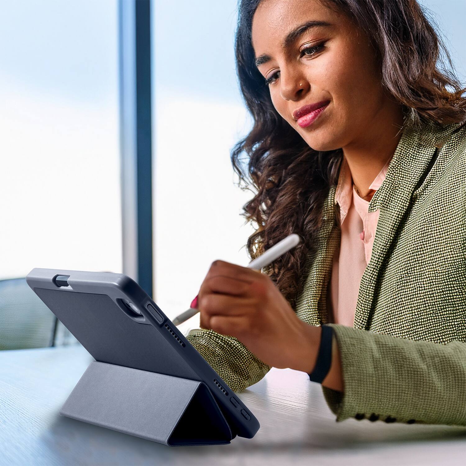 Angle. Vena - For Apple iPad Mini 6 Case, iPad Mini A17 Pro Case, iPad Mini 7 Case with Slim Trifold Stand, Protective Cover Blue - Blue.