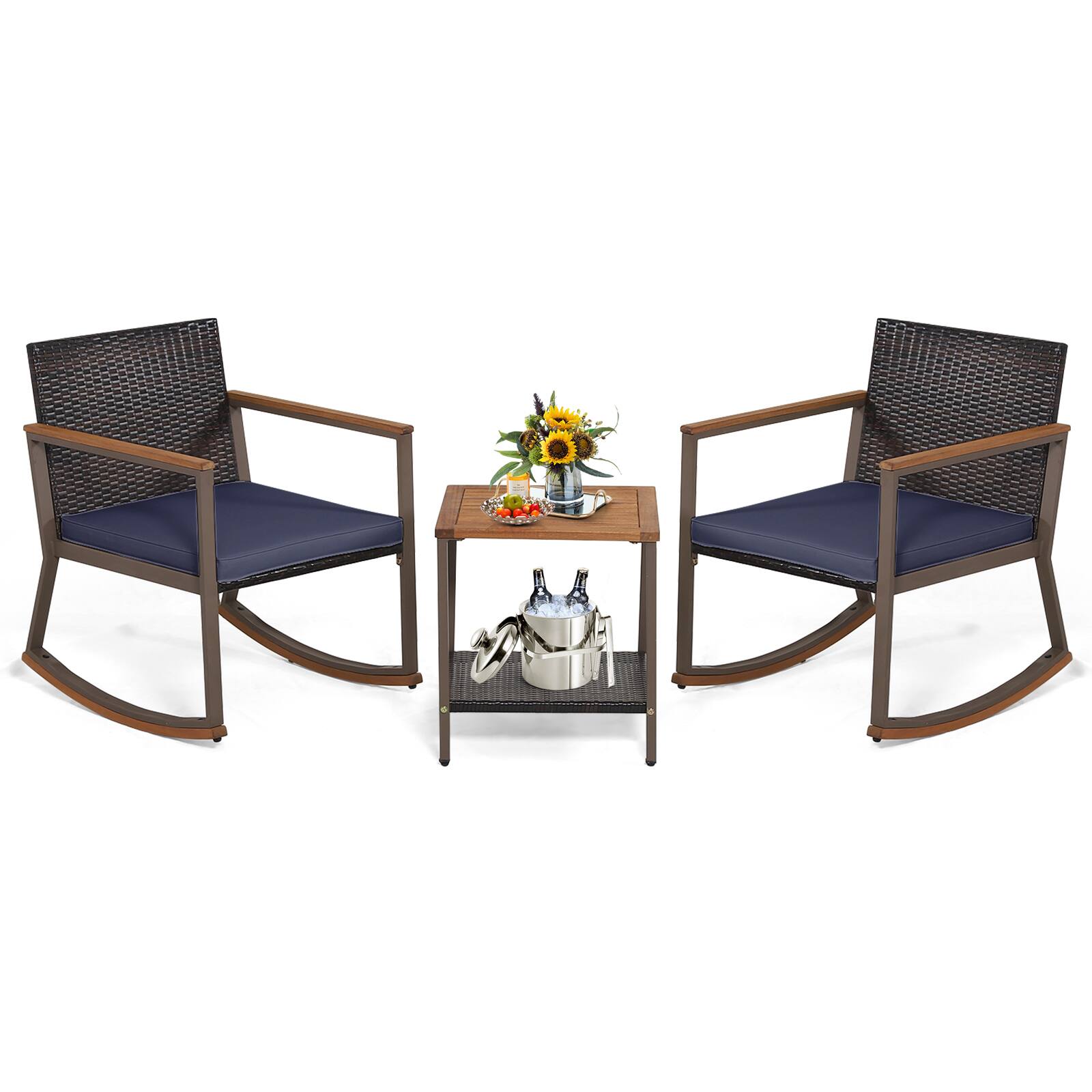 Alt View 5. Gymax - Gymax 3PCS Rattan Rocking Chair Bistro Set Armrest Cushion Table W/ Storage Shelf Patio - Navy.