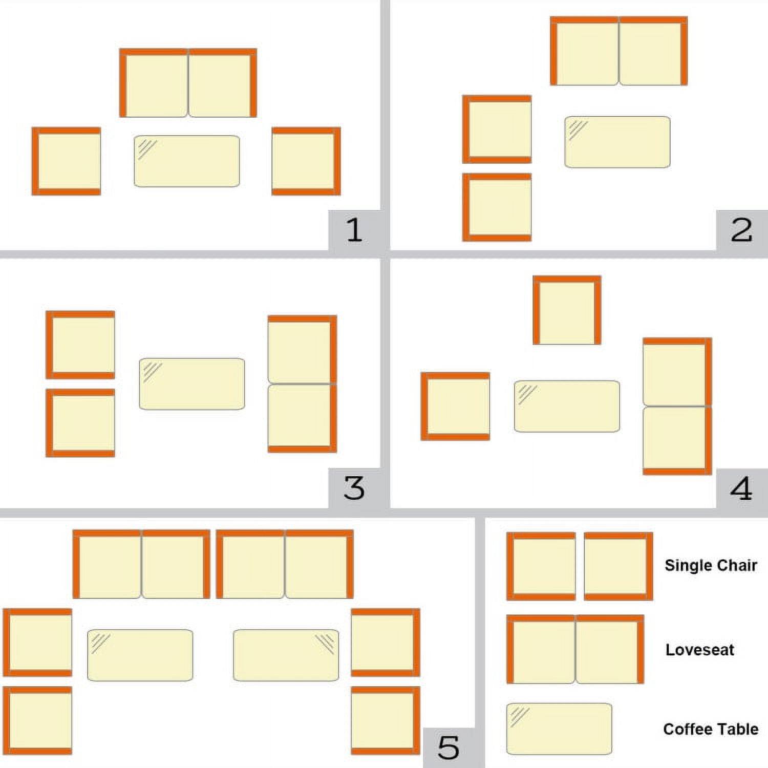 1. Single Chair  
2. Loveseat  
3. Coffee Table  

4. Single Chair  
5. Loveseat  
6. Coffee Table