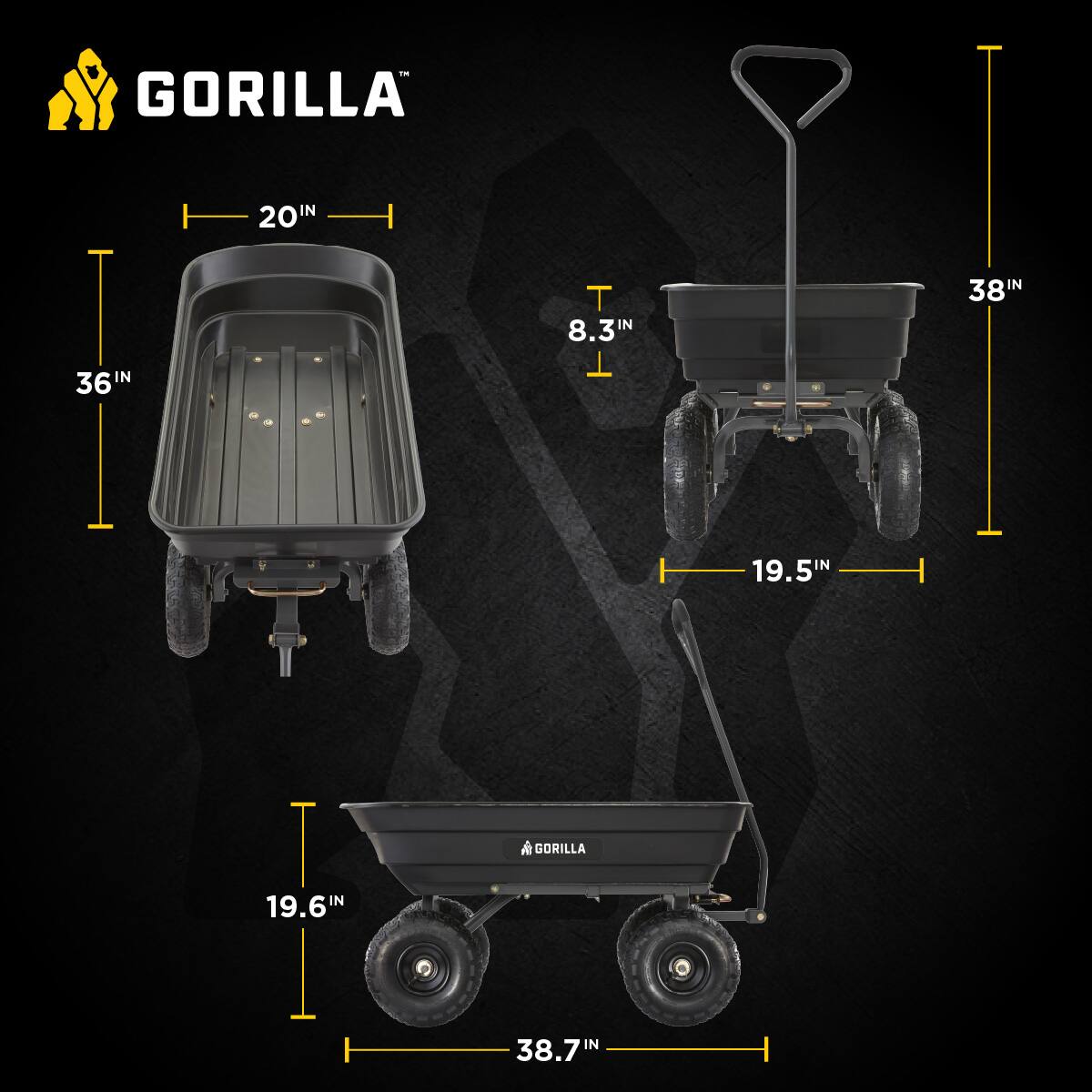 GORILLA  
20IN  
36IN  
8.3IN  
38IN  
19.5IN  
19.6IN  
38.7IN