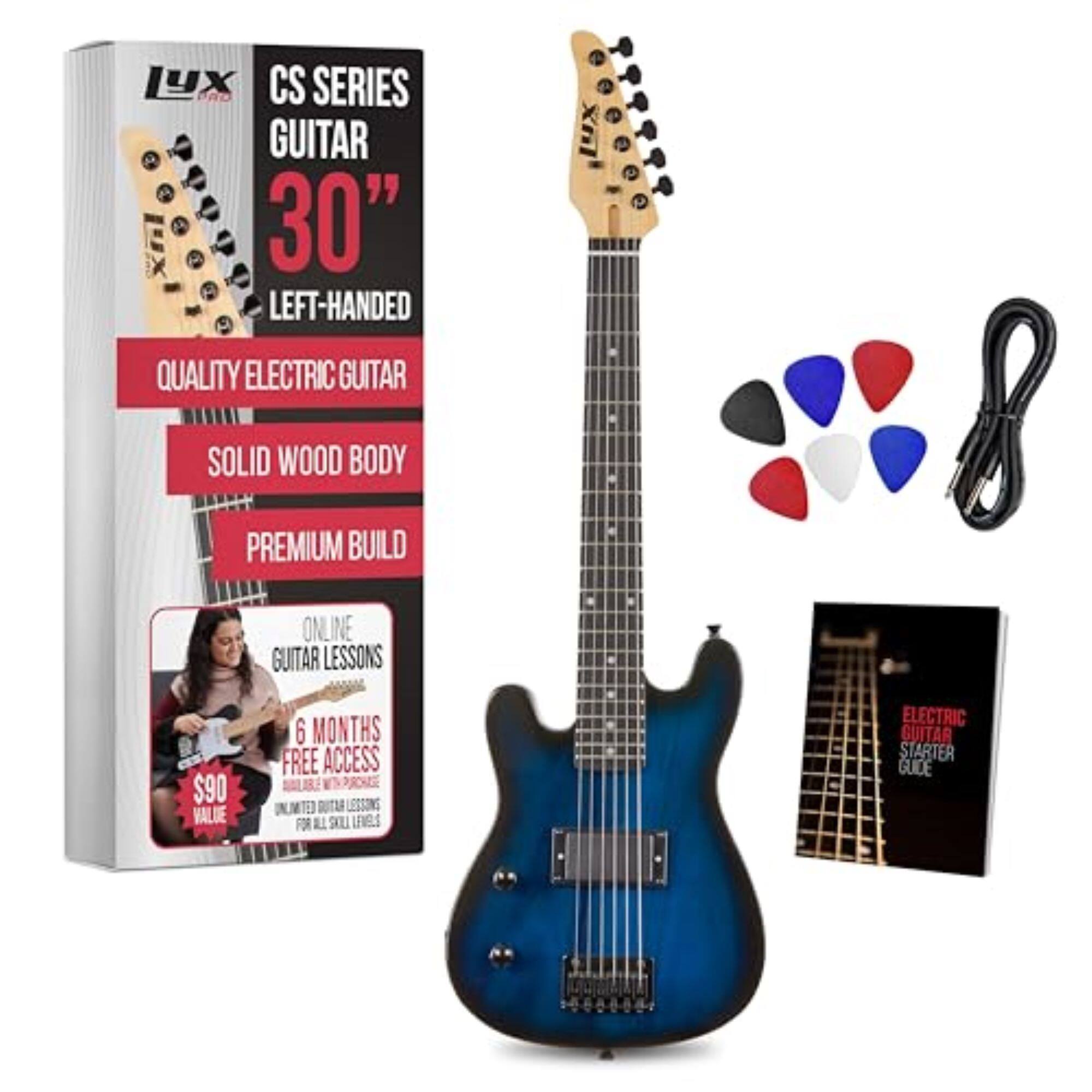 X CS SERIES GUITAR 30" LEFT-HANDED QUALITY ELECTRIC GUITAR SOLID WOOD BODY PREMIUM BUILD ONLINE GUITAR LESSONS $90 VALUE 6 MONTHS FREE ACCESS UNLIMITED ONLINE LESSONS FOR ALL SKILL LEVELS ELECTRIC GUITAR STARTER GUIDE