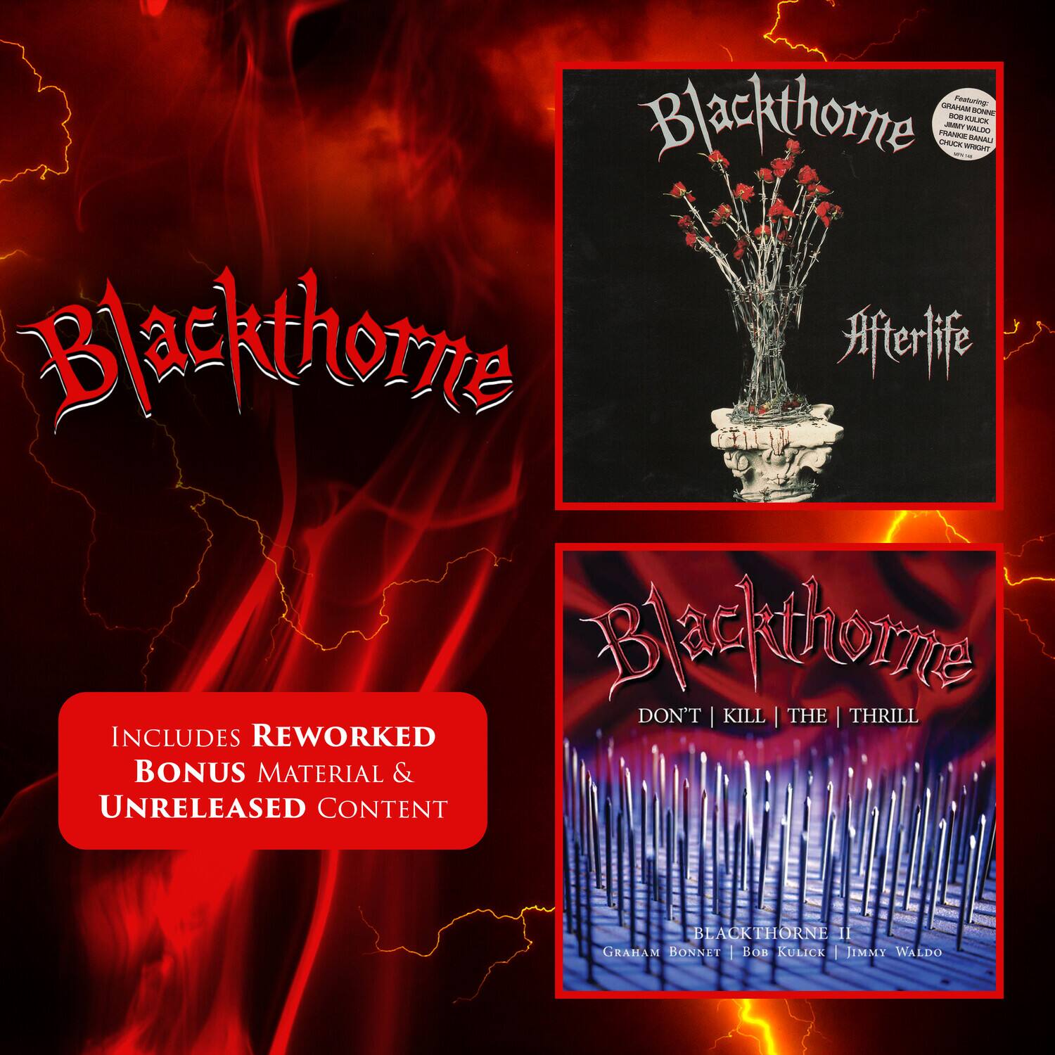 Blackthorne  
Afterlife  

Blackthorne  
DON'T KILL THE THRILL  

INCLUDES REWORKED BONUS MATERIAL & UNRELEASED CONTENT  

Blackthorne II  
GRAHAM BONNET | BOB KULICK | JIMMY WALDO