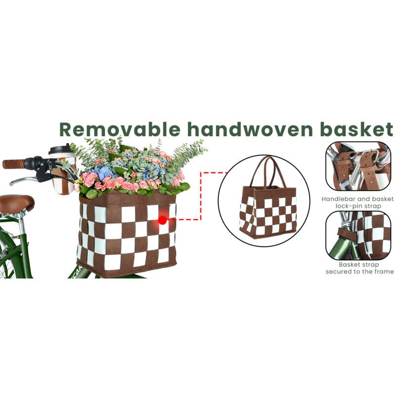 Removable handwoven basket

- Handlebar and basket lock-pin strap
- Basket strap secured to the frame