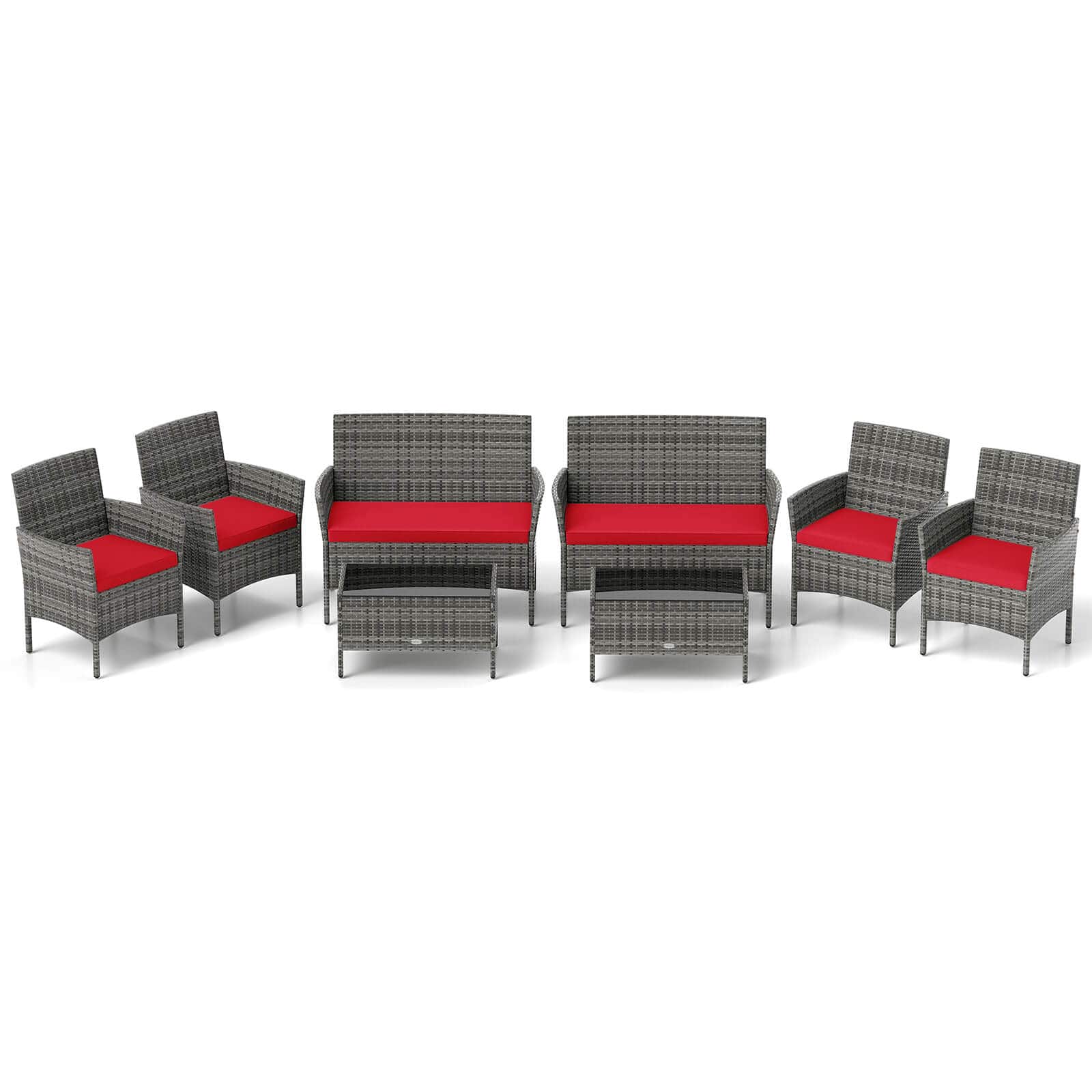 Front. Costway - Costway 8 PCS Patio Furniture Set with Washable Cushions and Tempered Glass Coffee Table - Red,Mix Gray.