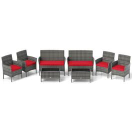 Costway - 8 PCS Patio Furniture Set with Washable Cushions and Tempered Glass Coffee Table - Red,Mix Gray