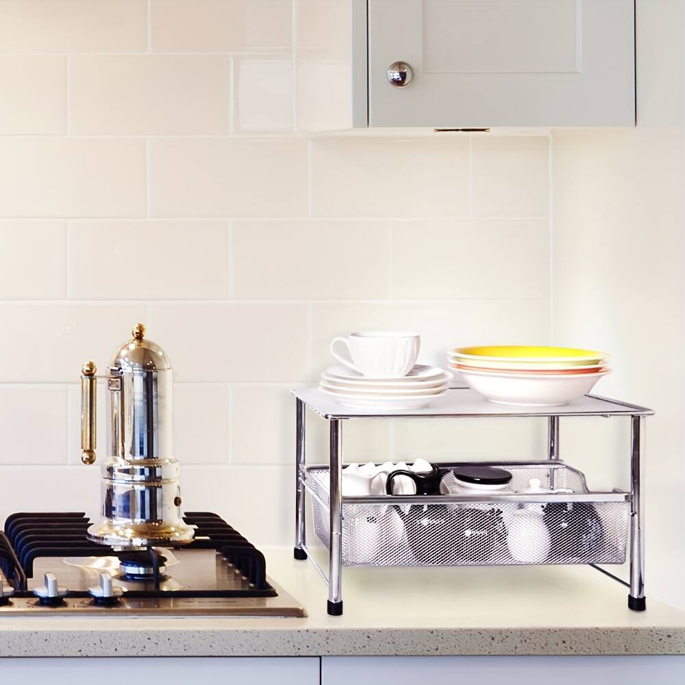 Oumilen - 2-Tier Countertop Organizer Shelf with Pull-Out Mesh Drawer, 16.7 x 10.9 x 10.2 in for Kitchen Cabinet Pantry - Silver