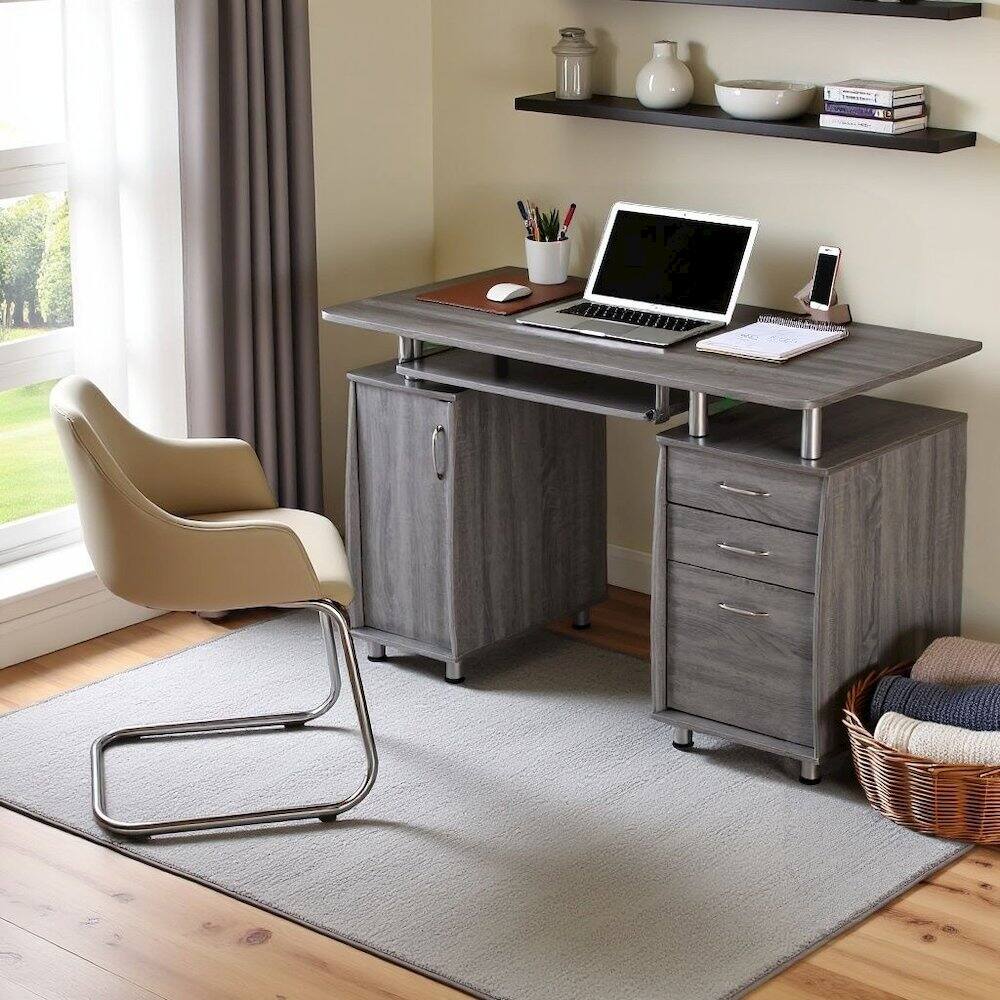Alt View 4. FurniFact - Gray Home Office Desk with Storage 2 Drawers - Gray.