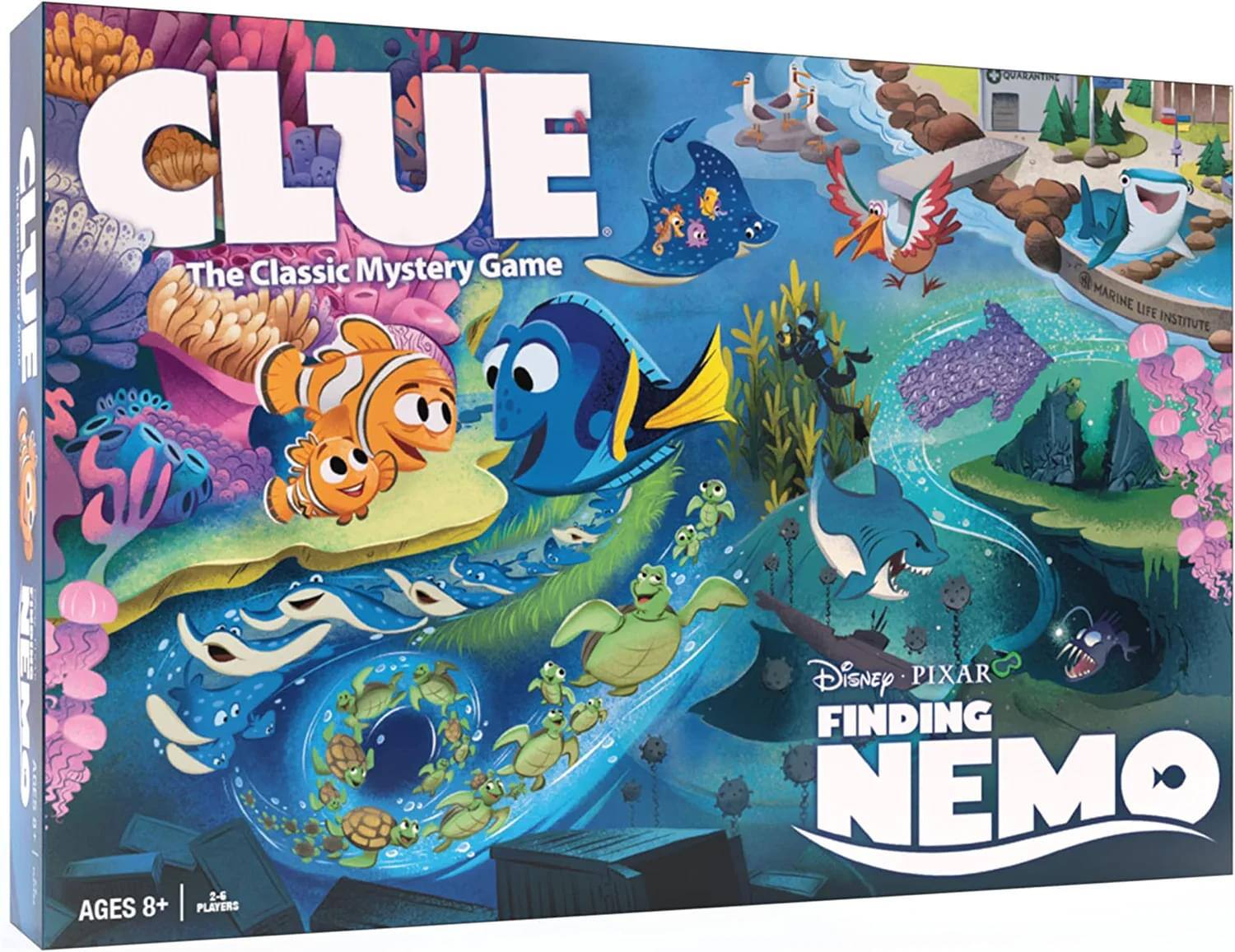 CLUE  
The Classic Mystery Game  

QUARANTINE MARINE LIFE INSTITUTE  

AGES 8+  
2-6 PLAYERS  

Disney PIXAR FINDING NEMO