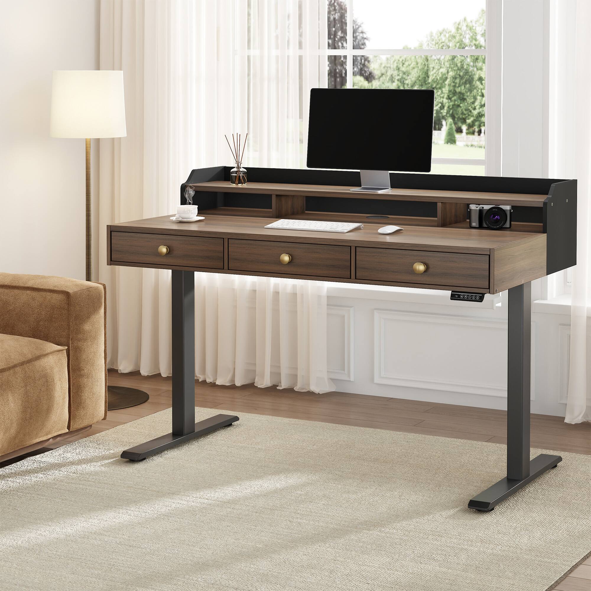 Alt View 2. ModernMate - 48" Standing Desk with 3 Drawers, Height Adjustable Sit Stand Desk with Storage for Small Space - Black Walnut.
