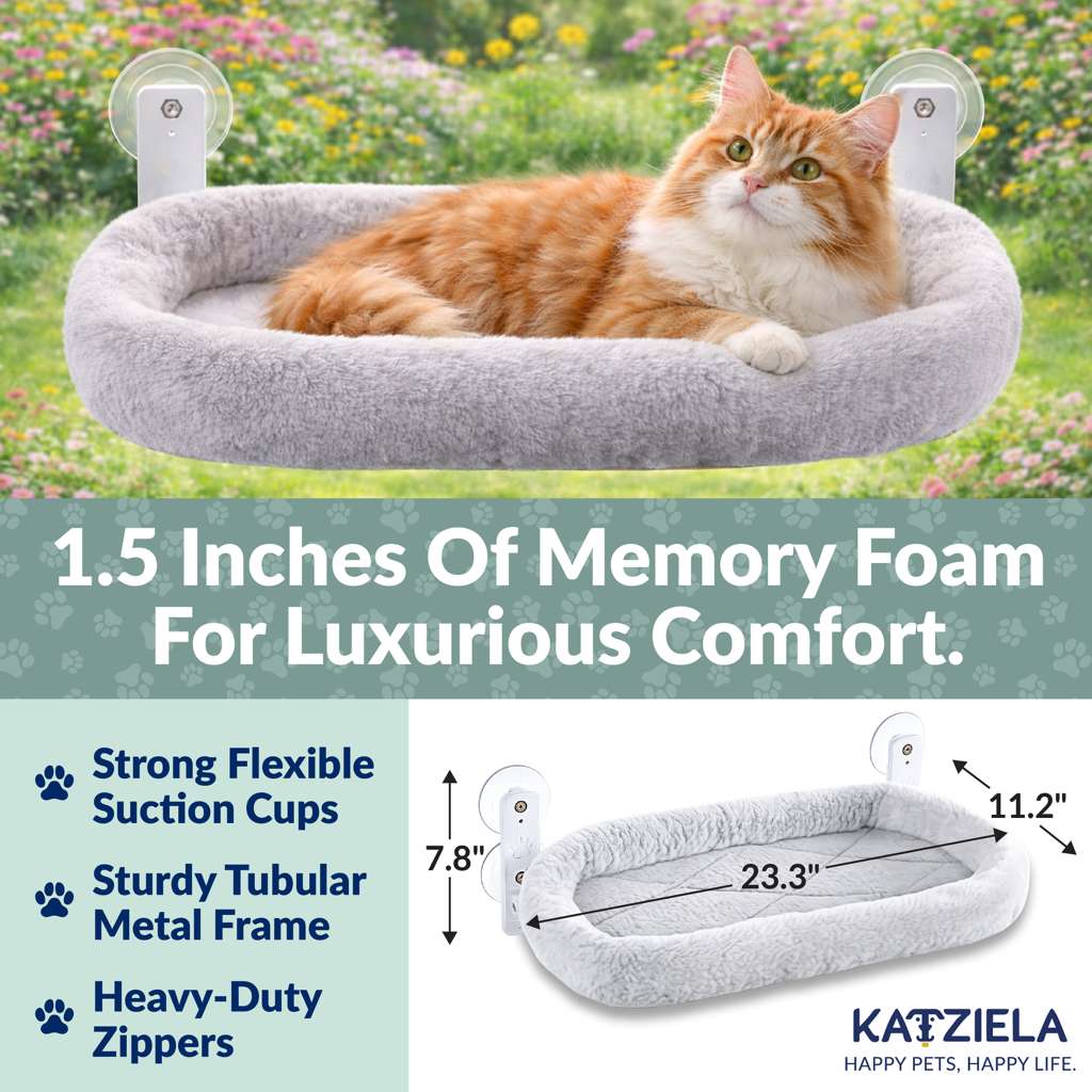 1.5 Inches Of Memory Foam For Luxurious Comfort. Strong Flexible Suction Cups 7.8" Sturdy Tubular Metal Frame 23.3" 11.2" Heavy-Duty Zippers KAIZIELA HAPPY PETS, HAPPY LIFE.