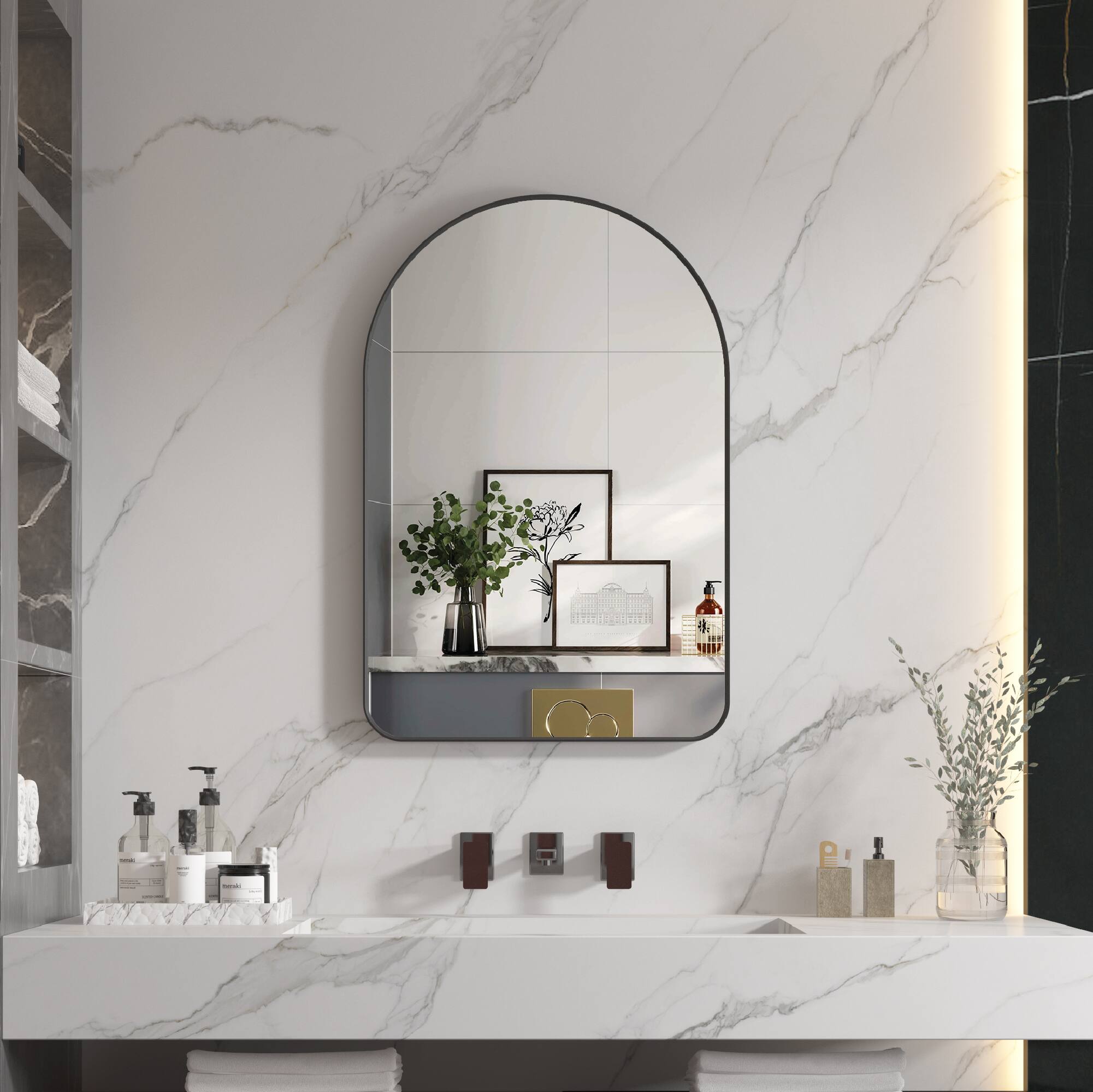 Left. WELLFOR - 24 in. W x 36 in H Arch Anodized Aluminum Framed Bathroom Vanity Mirror - Matte Black.