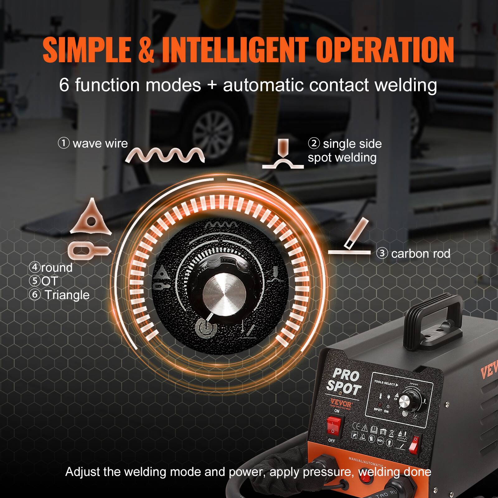 SIMPLE & INTELLIGENT OPERATION  
6 function modes + automatic contact welding

1. wave wire
2. single side spot welding
3. carbon rod
4. round
5. OT
6. Triangle

PRO TOOLS SELECT SPOT  
VEVOR  
ON SPQT ON OFF  
MAOSO  
CEAQA&AL  
WW MANUAL/AUTOMATIC  

Adjust the welding mode and power, apply pressure, welding done