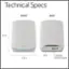 Technical Specs:

Front:
- 8.3 in. Orbi router
- 6.5 in. Orbi satellite
- Sync 2 Gigabit Ethernet ports

Back:
- 8.3 in. Orbi router
- 6.5 in. Orbi satellite
- Sync 2 Gigabit Ethernet ports