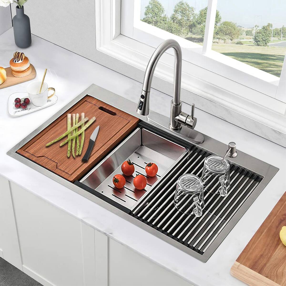 Angle. Ropilly - Ropilly 30 Inch Drop In Workstation Kitchen Sink Single Bowl Stainless Steel with Bottom Grid and Basket Strainer - Brushed Nickel.