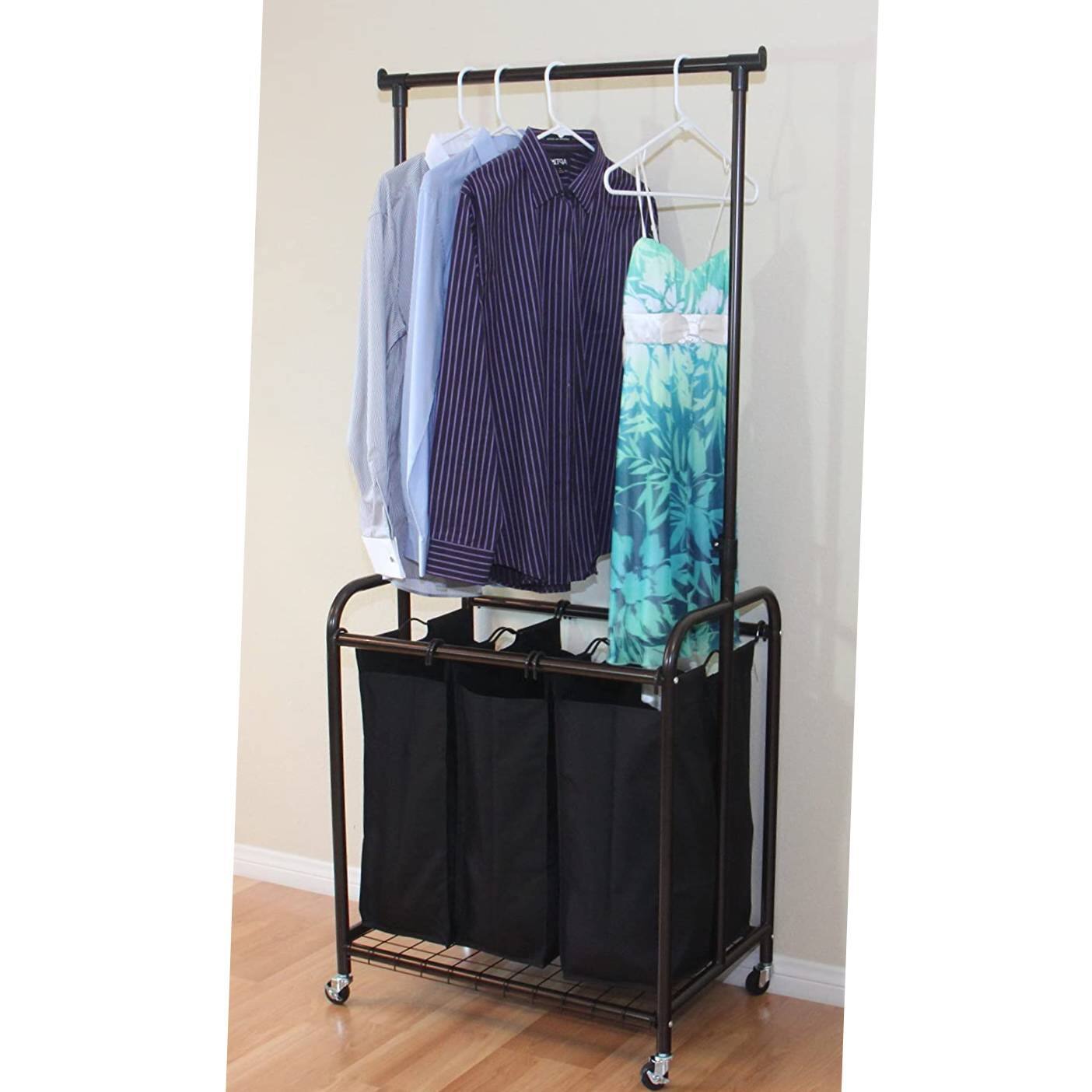 Angle. Hivvago - Bronze Black 3-Bag Laundry Sorter Hamper with Adjustable Clothes Hanging Bar - Black.