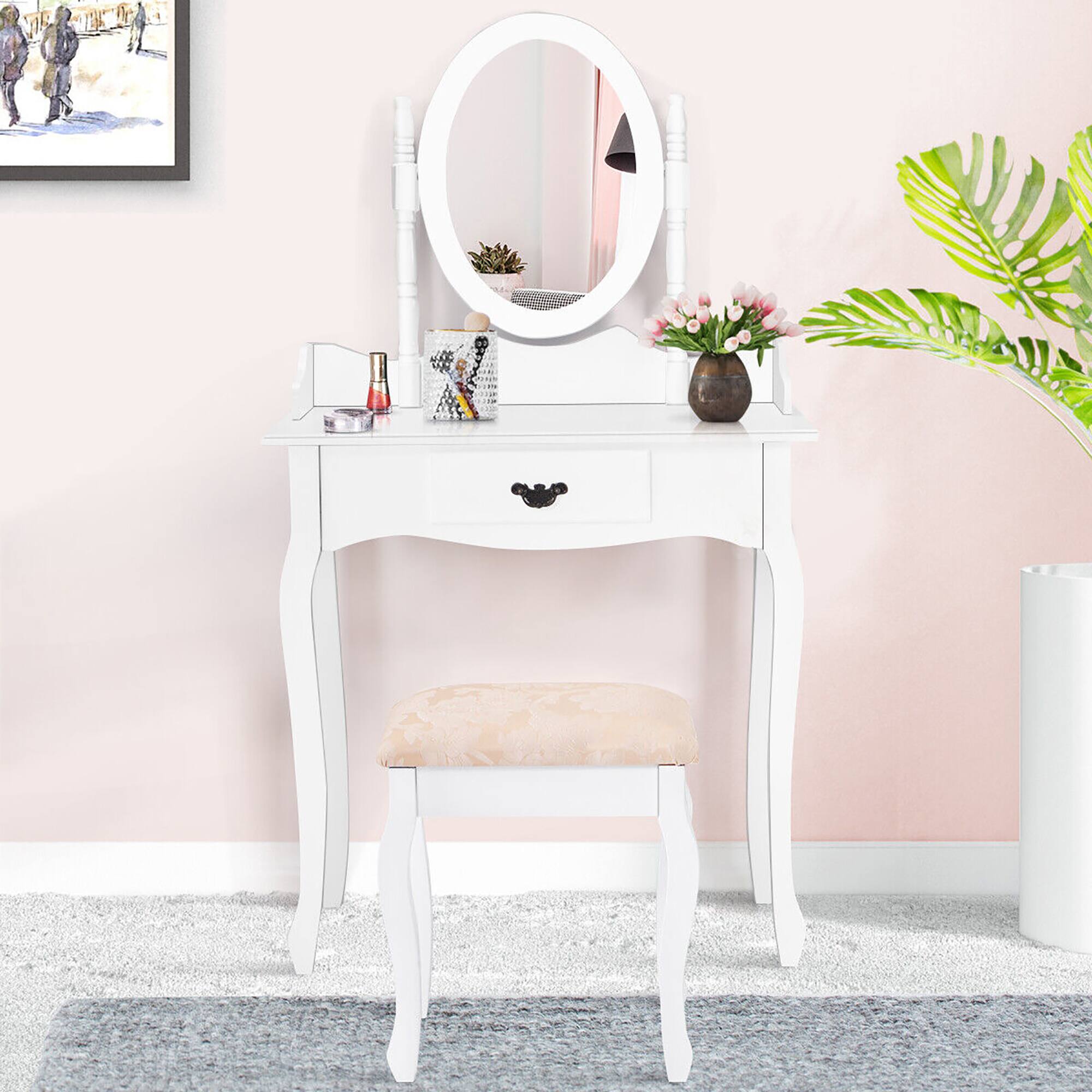 Alt View 8. Gymax - Gymax Vanity Wood Makeup Dressing Table Stool Set w/ Drawer & Mirror Jewelry Desk White - White.