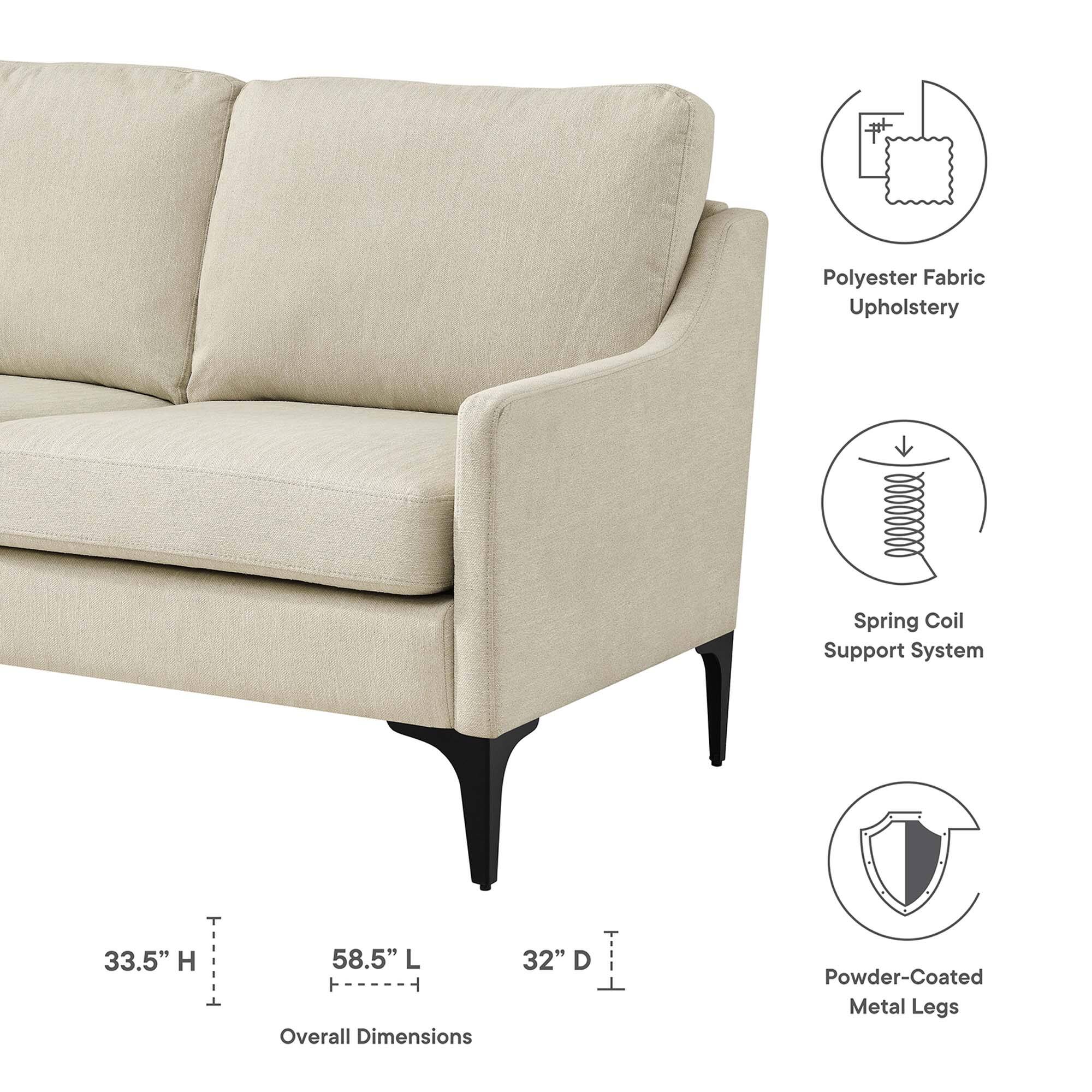Polyester Fabric Upholstery  
Spring Coil Support System  
33.5" H x 58.5" L x 32" D  
Powder-Coated Metal Legs