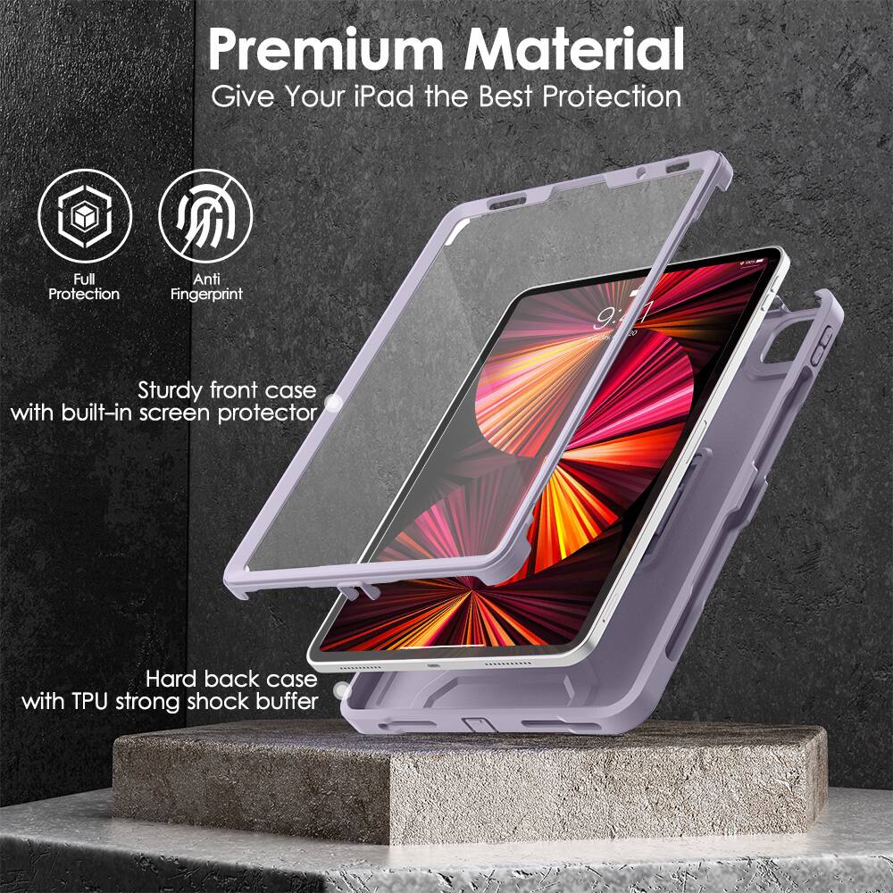 Premium Material  
Give Your iPad the Best Protection  

- Full Protection  
- Anti Fingerprint  

Sturdy front case with built-in screen protector  

Hard back case with TPU strong shock buffer