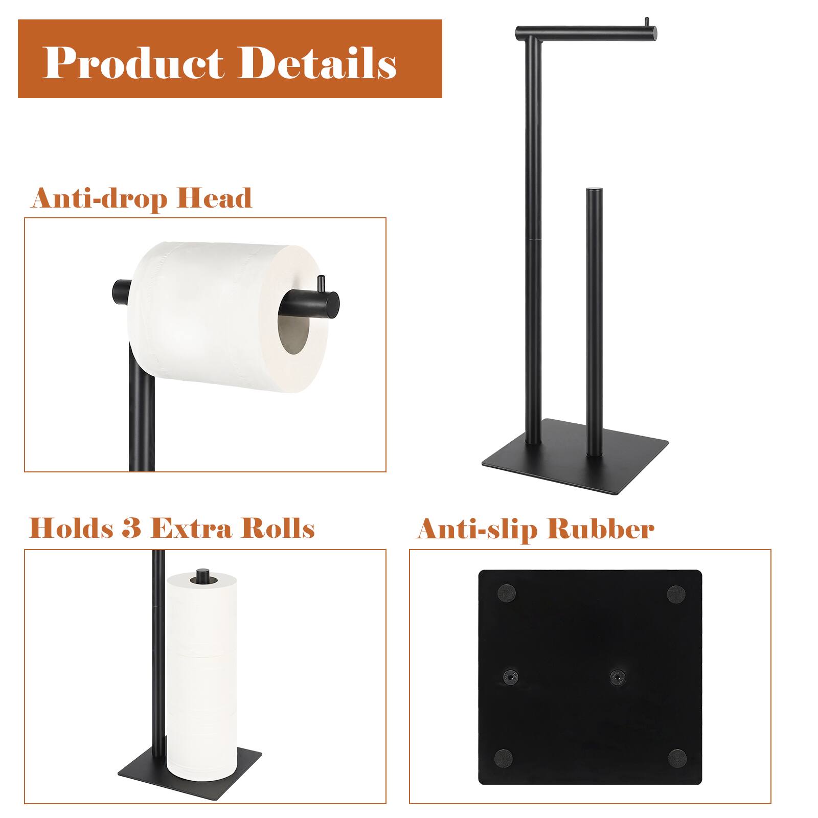 Product Details

- Anti-drop Head
- Holds 3 Extra Rolls
- Anti-slip Rubber