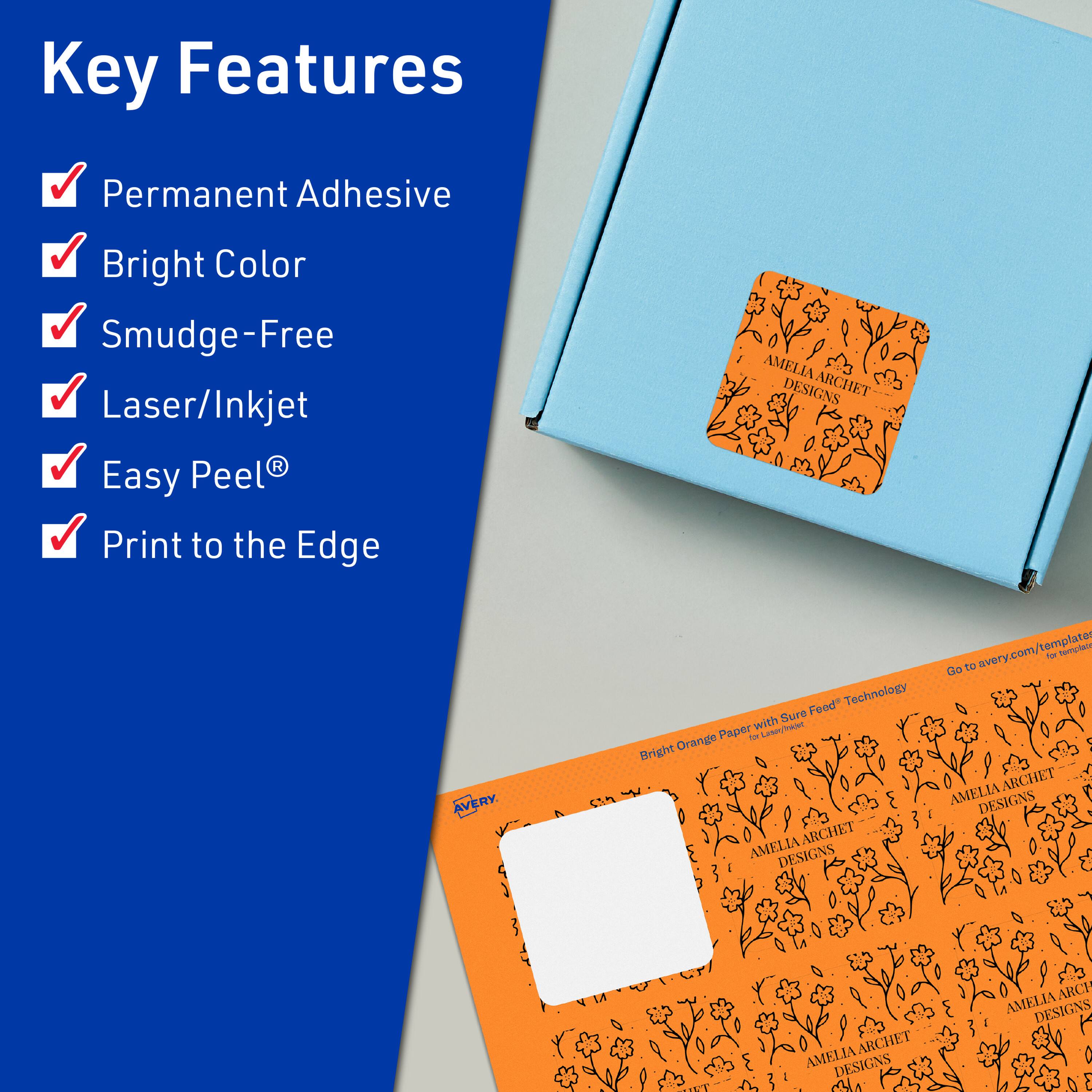 Key Features  
- Permanent Adhesive  
- Bright Color  
- Smudge-Free  
- Laser/Inkjet  
- Easy Peel®  
- Print to the Edge  

AMELIA ARCHET DESIGNS  
Bright Orange Paper with Sure Feed® Technology  

Go to avery.com/templates for templates  

AMELIA ARCHET DESIGNS