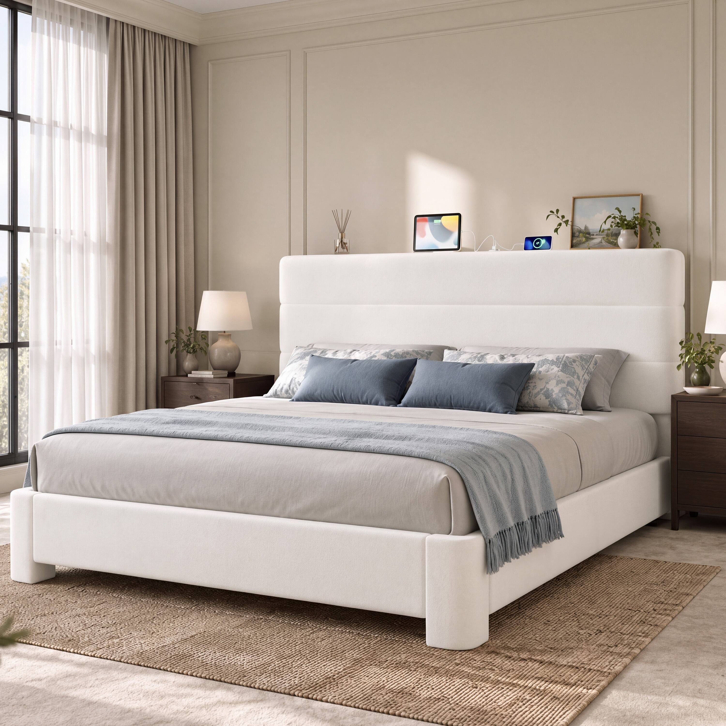 Front. Vipbear - Q/K Upholstered Bed Frame with USB/Type-C Charging, Platform Bed, No Box Spring Needed, Works with 8–14" Mattresses - Off-white.
