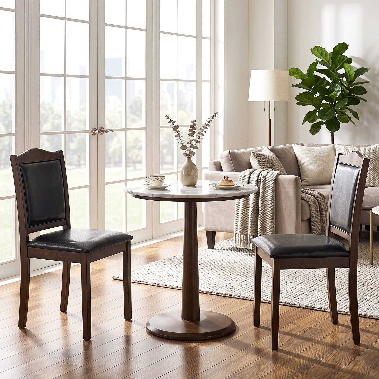 Alt View 1. Costway - Costway Wooden Dining Chairs Set of 2, Faux Leather Upholstered Kitchen Side Chairs - Walnut + Black.