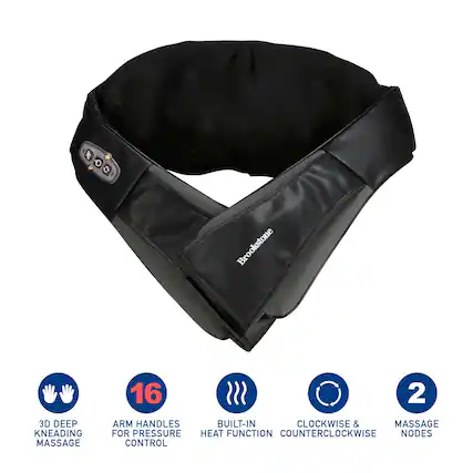 Brookstone 3D DEEP KNEADING MASSAGE, ARM HANDLES FOR PRESSURE CONTROL, BUILT-IN HEAT FUNCTION, CLOCKWISE & COUNTERCLOCKWISE MASSAGE NODES