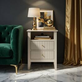 LUCKY ONE - 18" Assembled Fluted Nightstand Set of 2 2-Drawer Gold Knobs - Beige