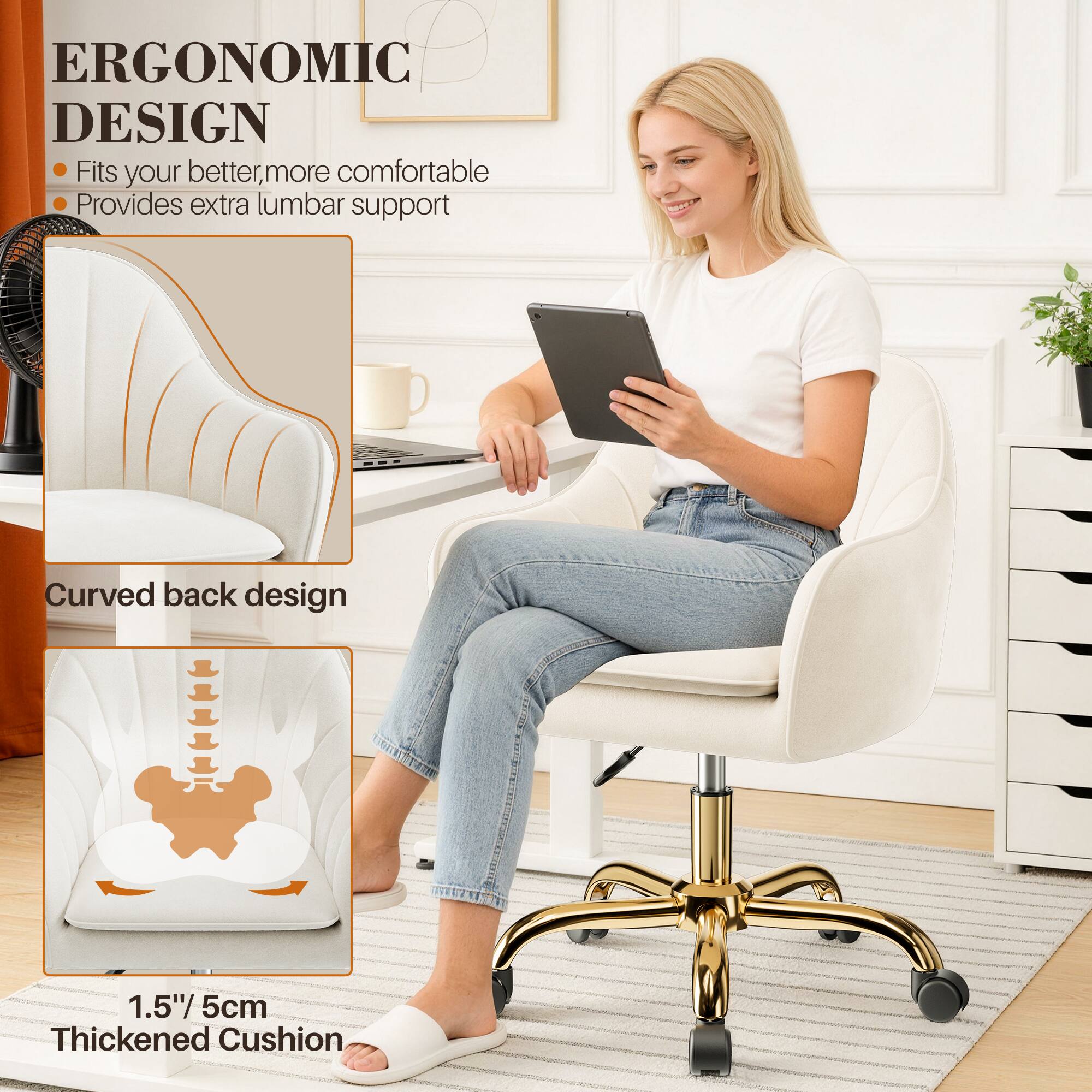 ERGONOMIC DESIGN  
- Fits your better, more comfortable  
- Provides extra lumbar support  

Curved back design  

1.5"/ 5cm Thickened Cushion