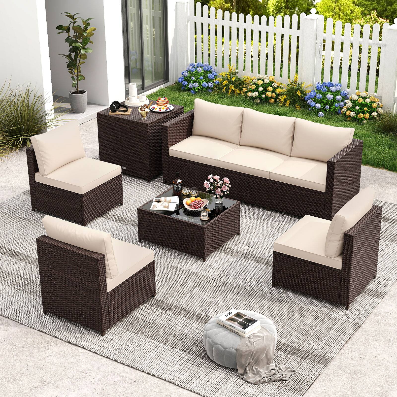 Alt View 3. Costway - Costway 8 PCS Patio Furniture Set with Storage Box & Tempered Glass Coffee Table - Beige.