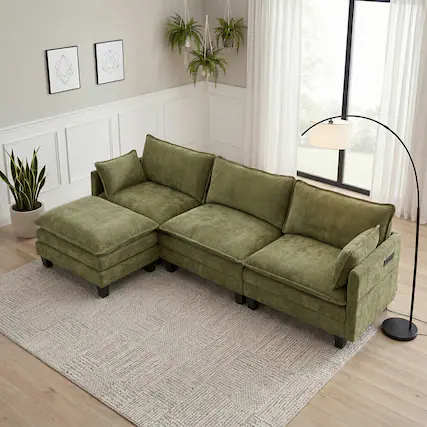 Front. Anysun - Modern Chenille 3-Seat Couch with Matching Ottoman, Built-in USB Ports and Side Pockets - Antique Light Green.